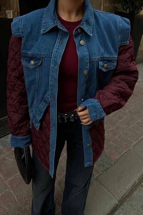 Denim Garnili Kapitone Ceket 7071 BORDO L