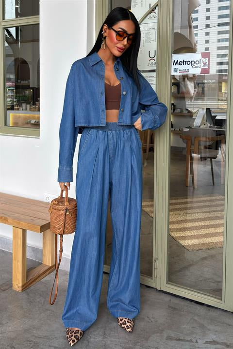 Denim Gömlek Plazzo Pantolon Takım 10163-08 DENİM L