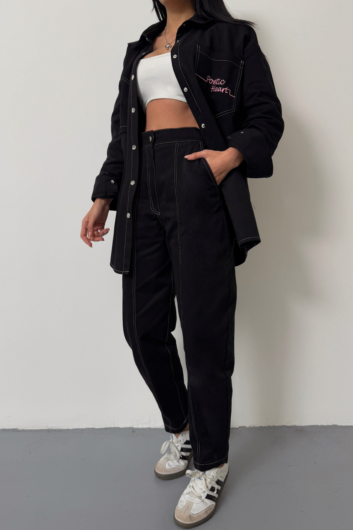 DENİM PUNTOLU GÖMLEK-PANTOLON TAKIM - Pembe