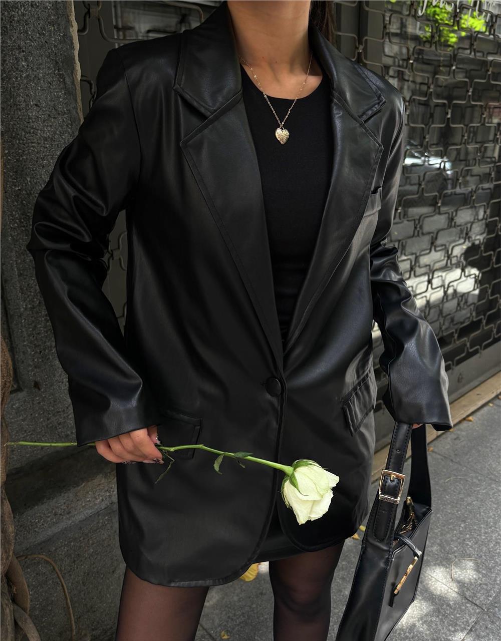 DERİ CEKET - KISA ETEK TAKIM - Siyah