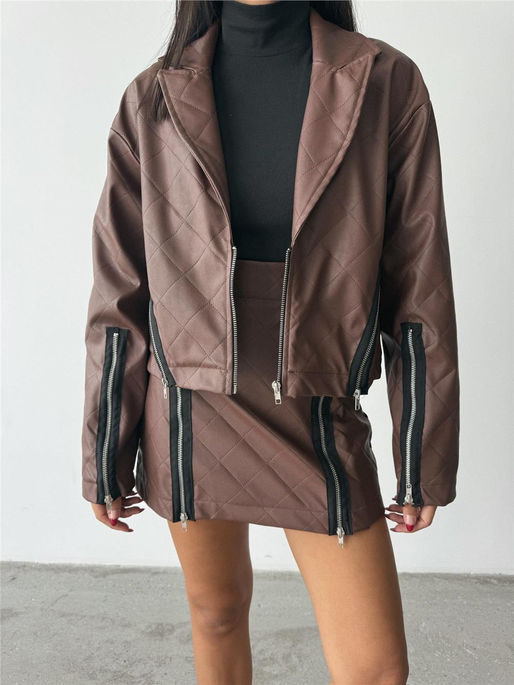 DERİ FERMUAR DETAYLI ETEK - Taba