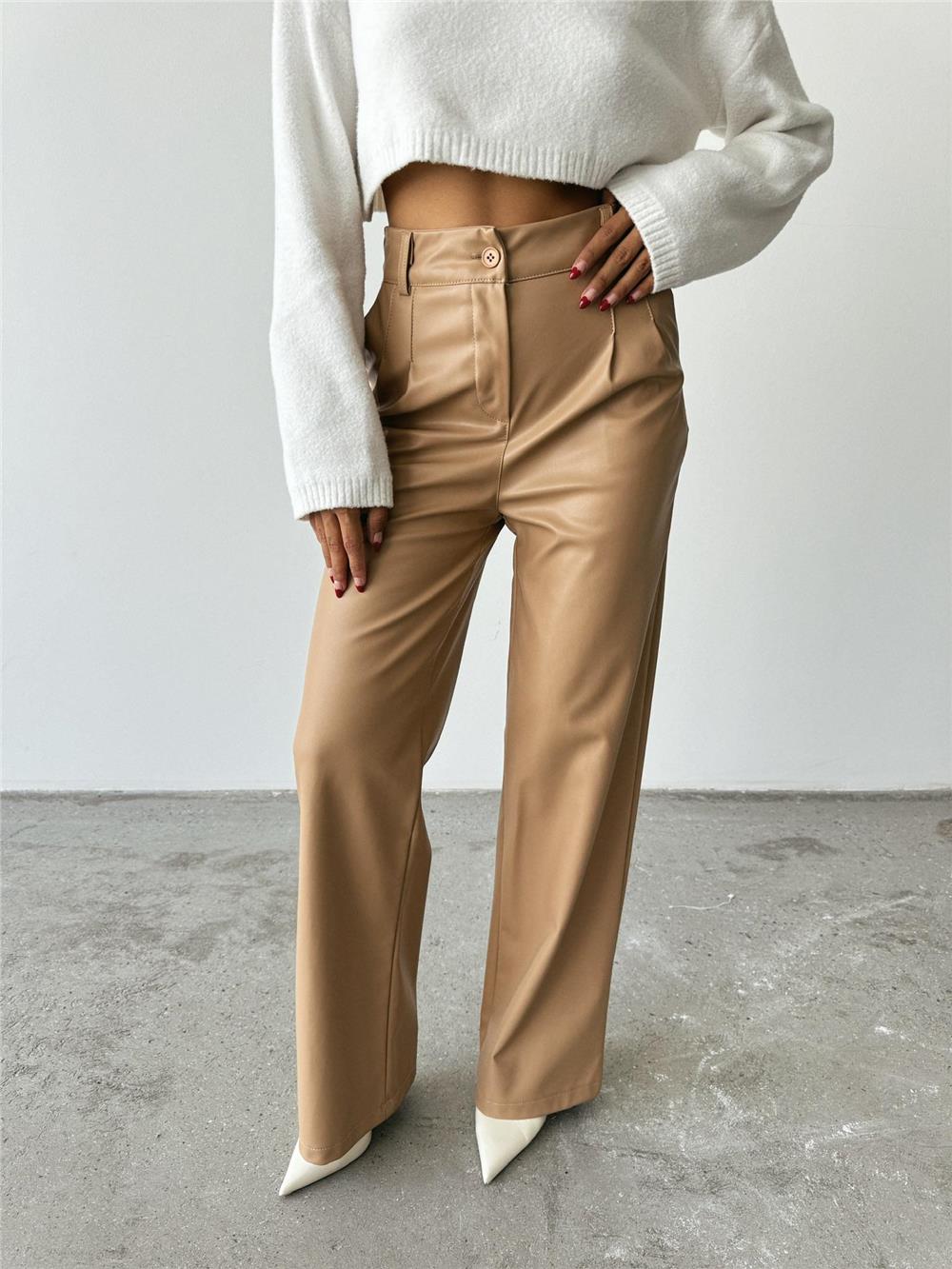 DERİ PALAZZO PANTOLON BORU PAÇA - Bej