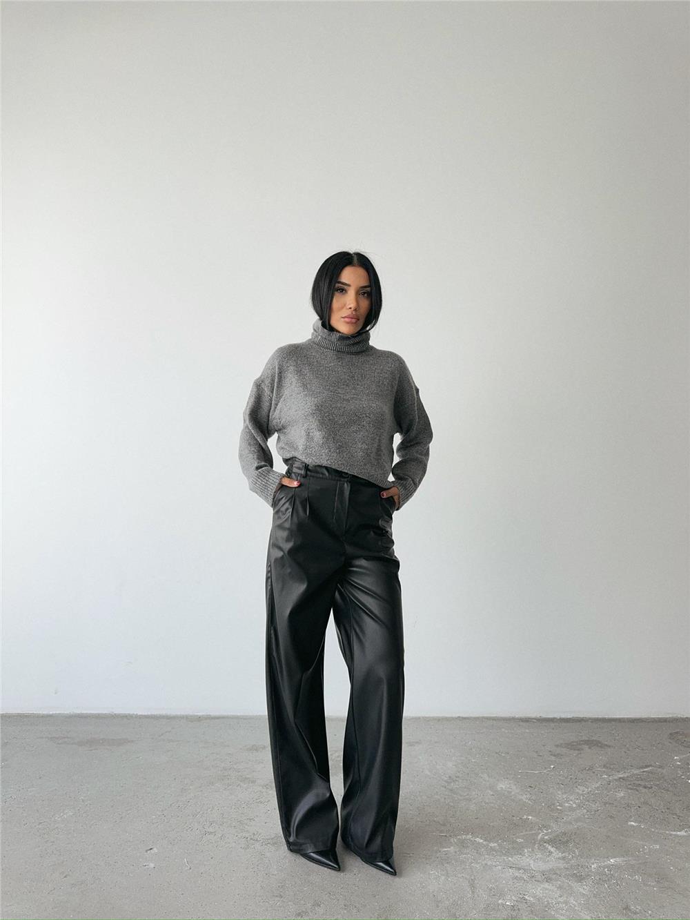 DERİ PALAZZO PANTOLON BORU PAÇA - Siyah