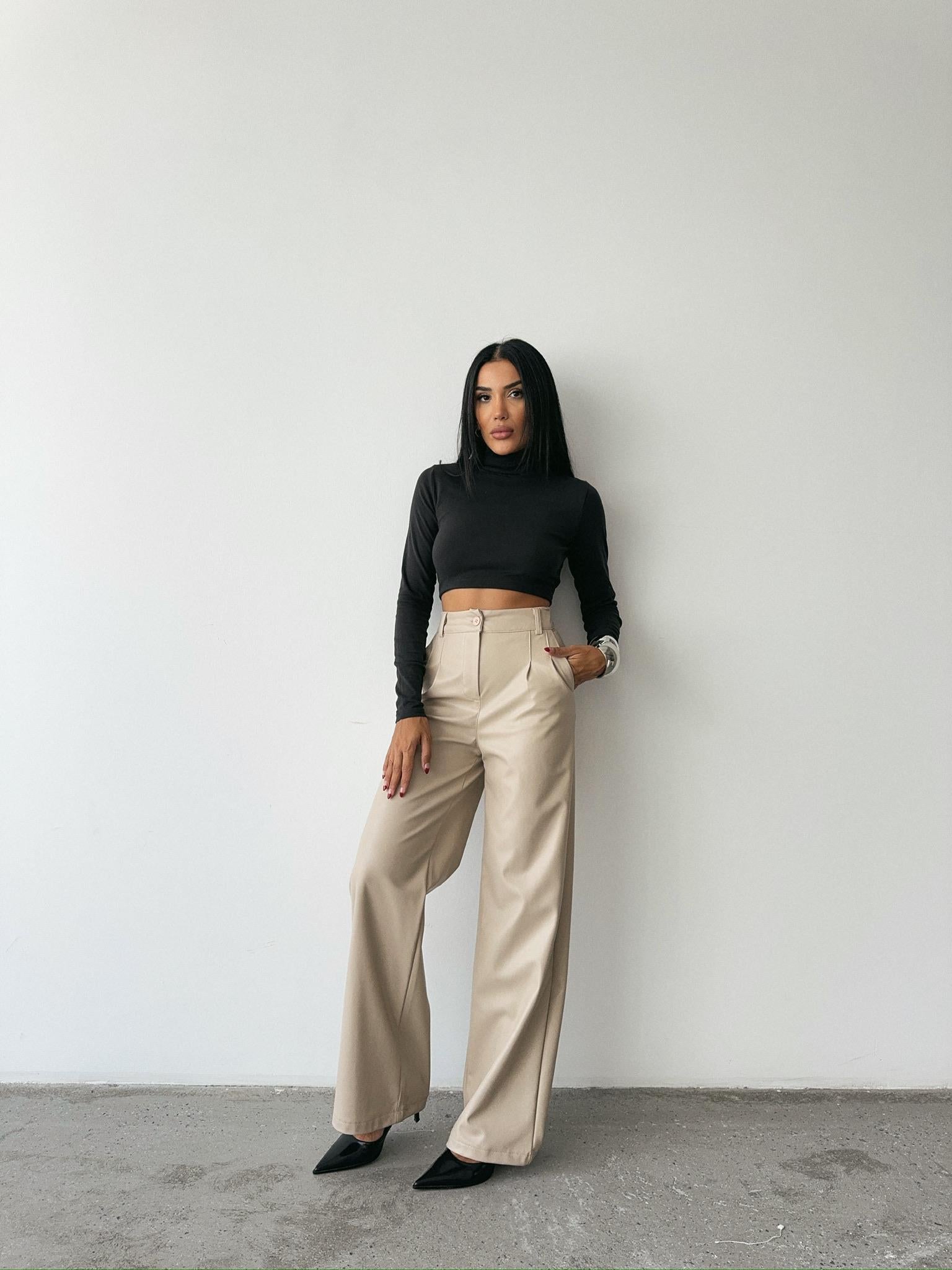 DERİ PALAZZO PANTOLON BORU PAÇA - Taş