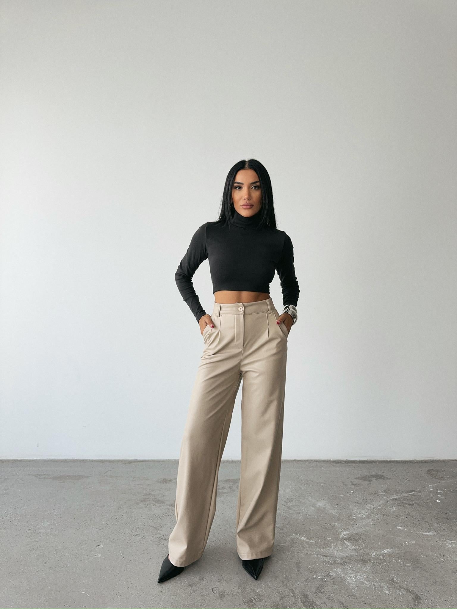 DERİ PALAZZO PANTOLON BORU PAÇA - Taş