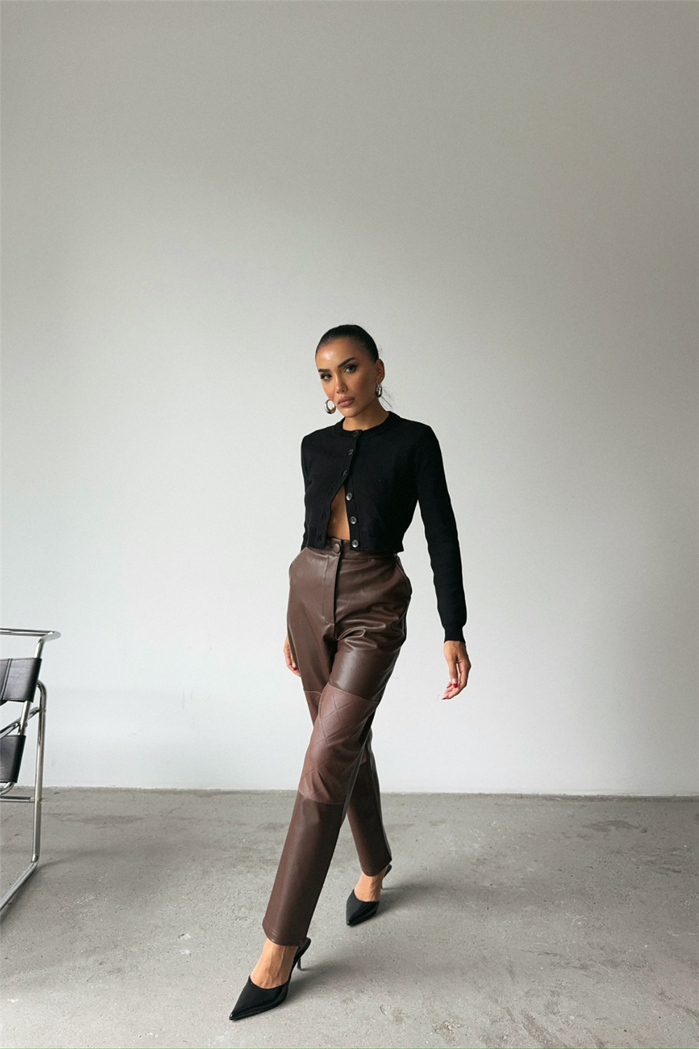 DERİ PANTOLON DİZ PARÇALI - Kahverengi