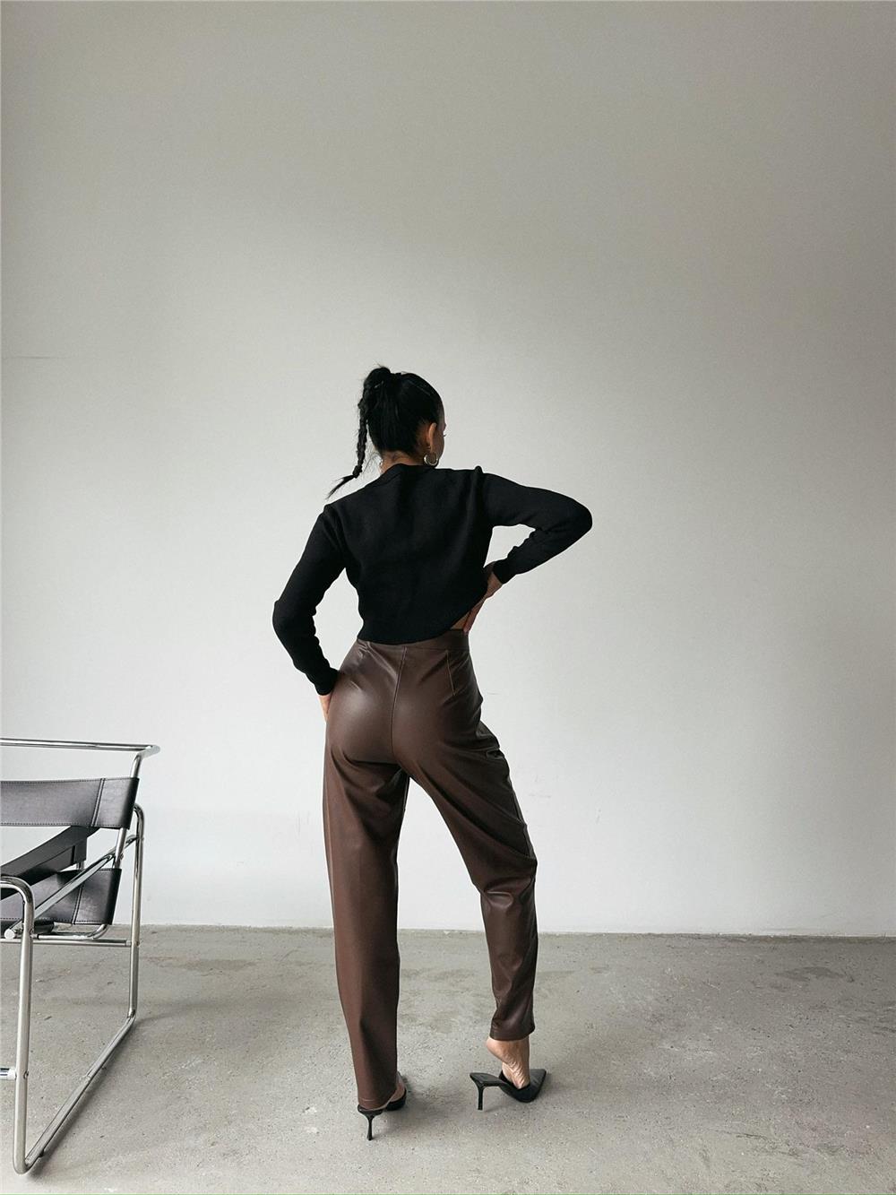 DERİ PANTOLON DİZ PARÇALI - Kahverengi