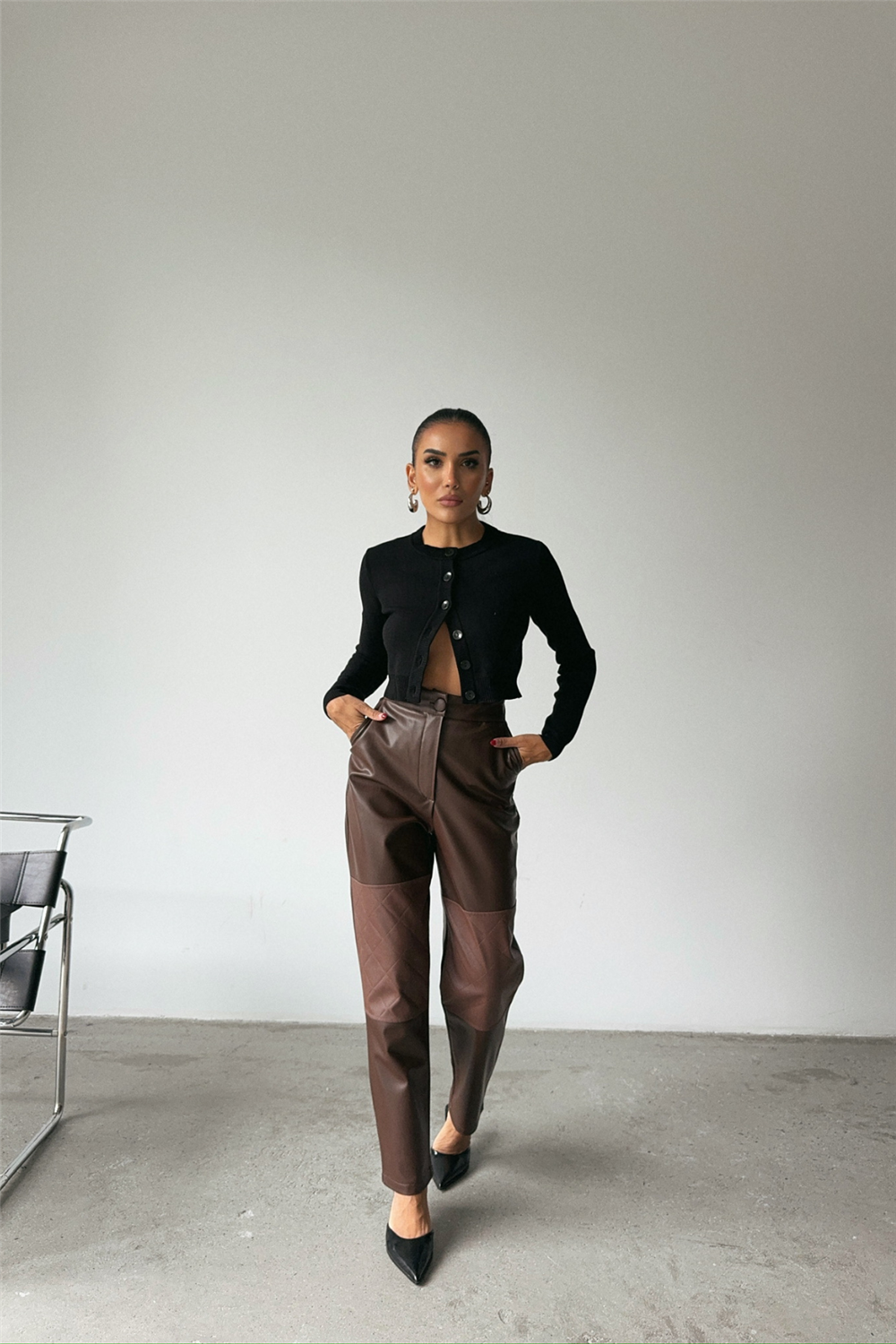 DERİ PANTOLON DİZ PARÇALI - Kahverengi