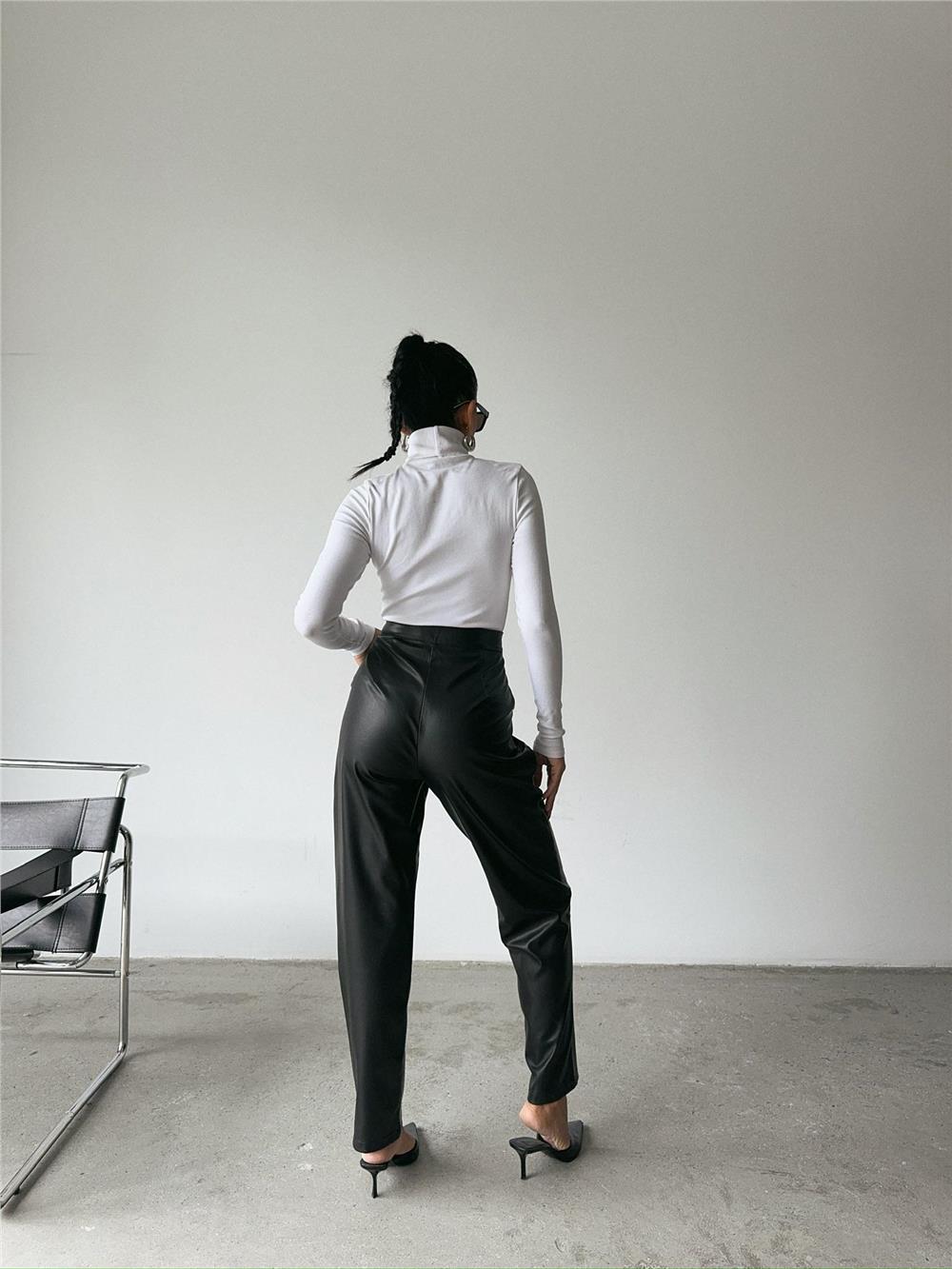 DERİ PANTOLON DİZ PARÇALI - Siyah