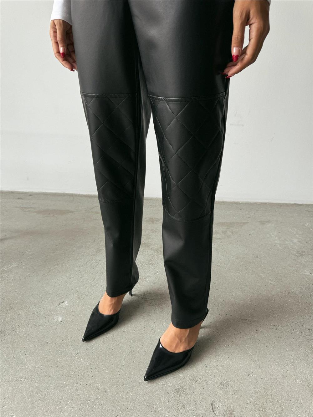 DERİ PANTOLON DİZ PARÇALI - Siyah