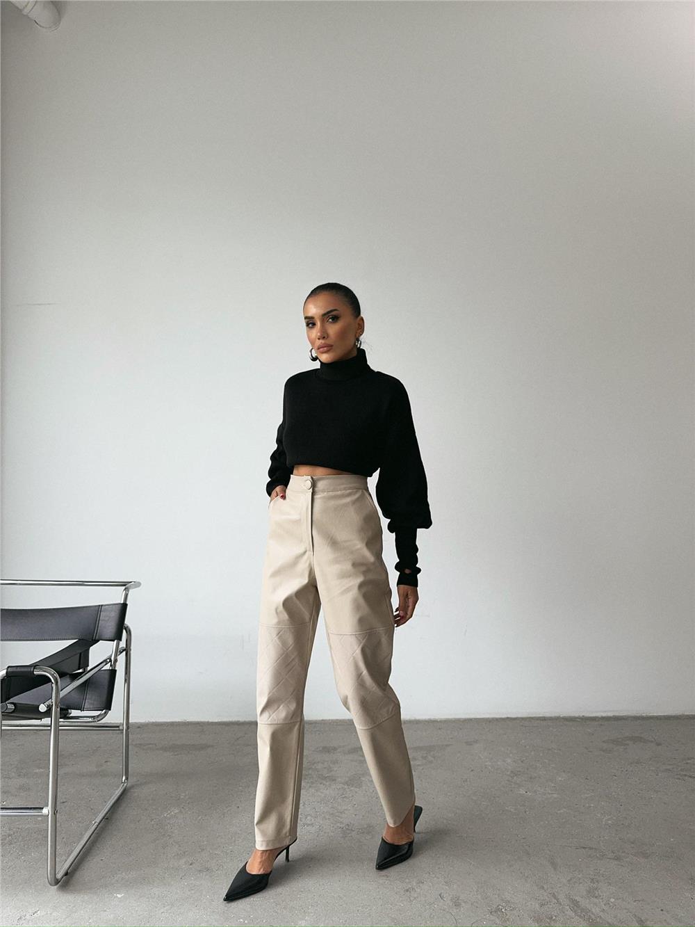 DERİ PANTOLON DİZ PARÇALI - Taş