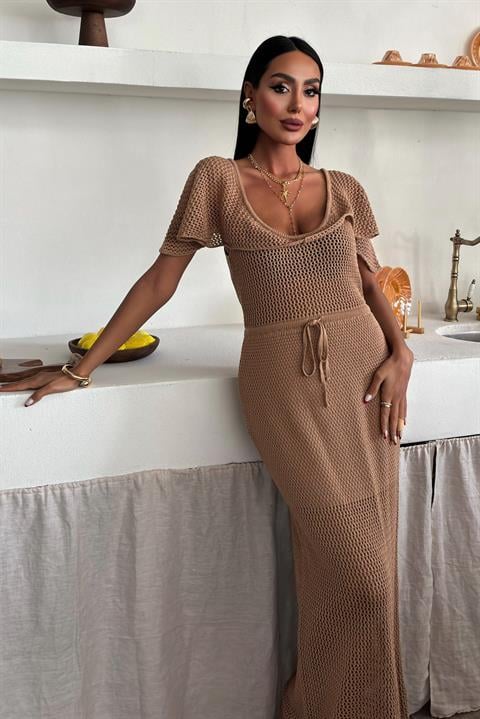 Derin Yakalı ve File Detaylı Triko Elbise 2867