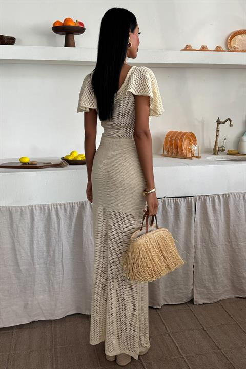 Derin Yakalı ve File Detaylı Triko Elbise 2867