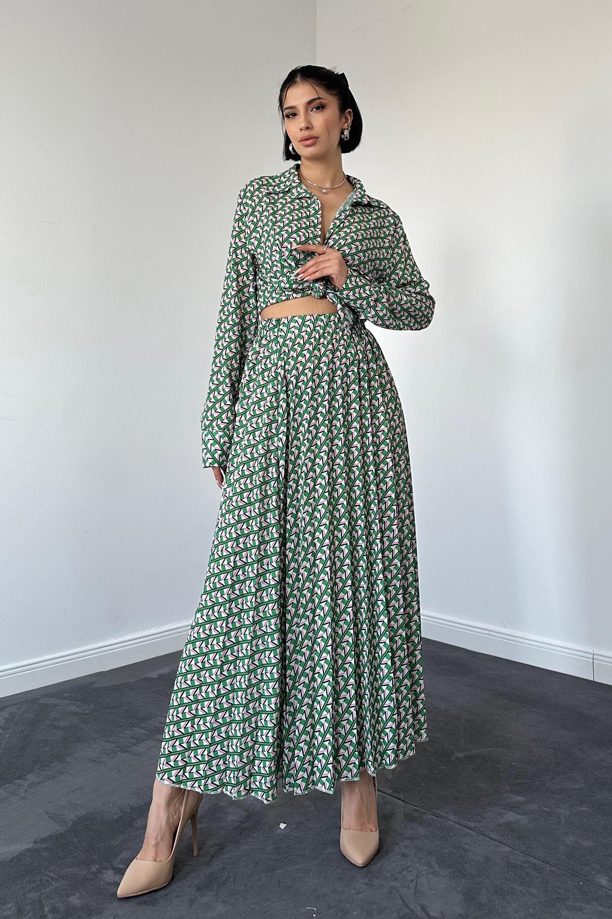 Desenli Viskon Gömlek Ve Etek Takım - Yeşil Renk Yok S