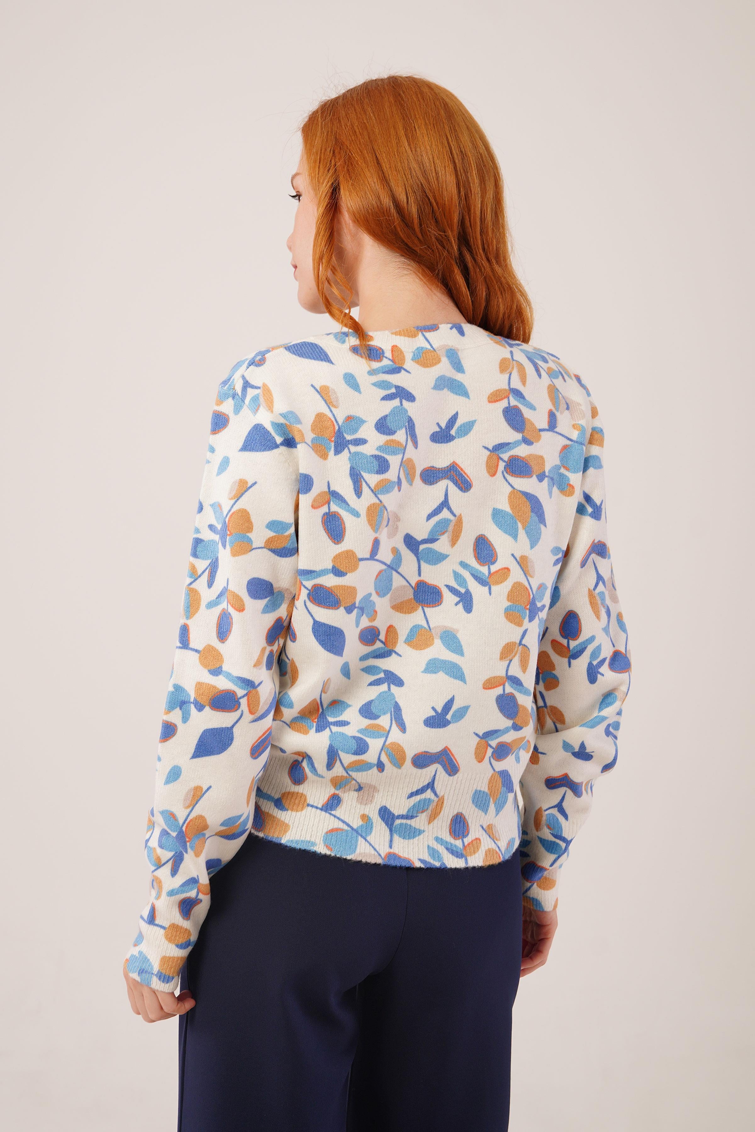 Dijital Baskılı Yaprak Desen Ekru Toptan Kazak