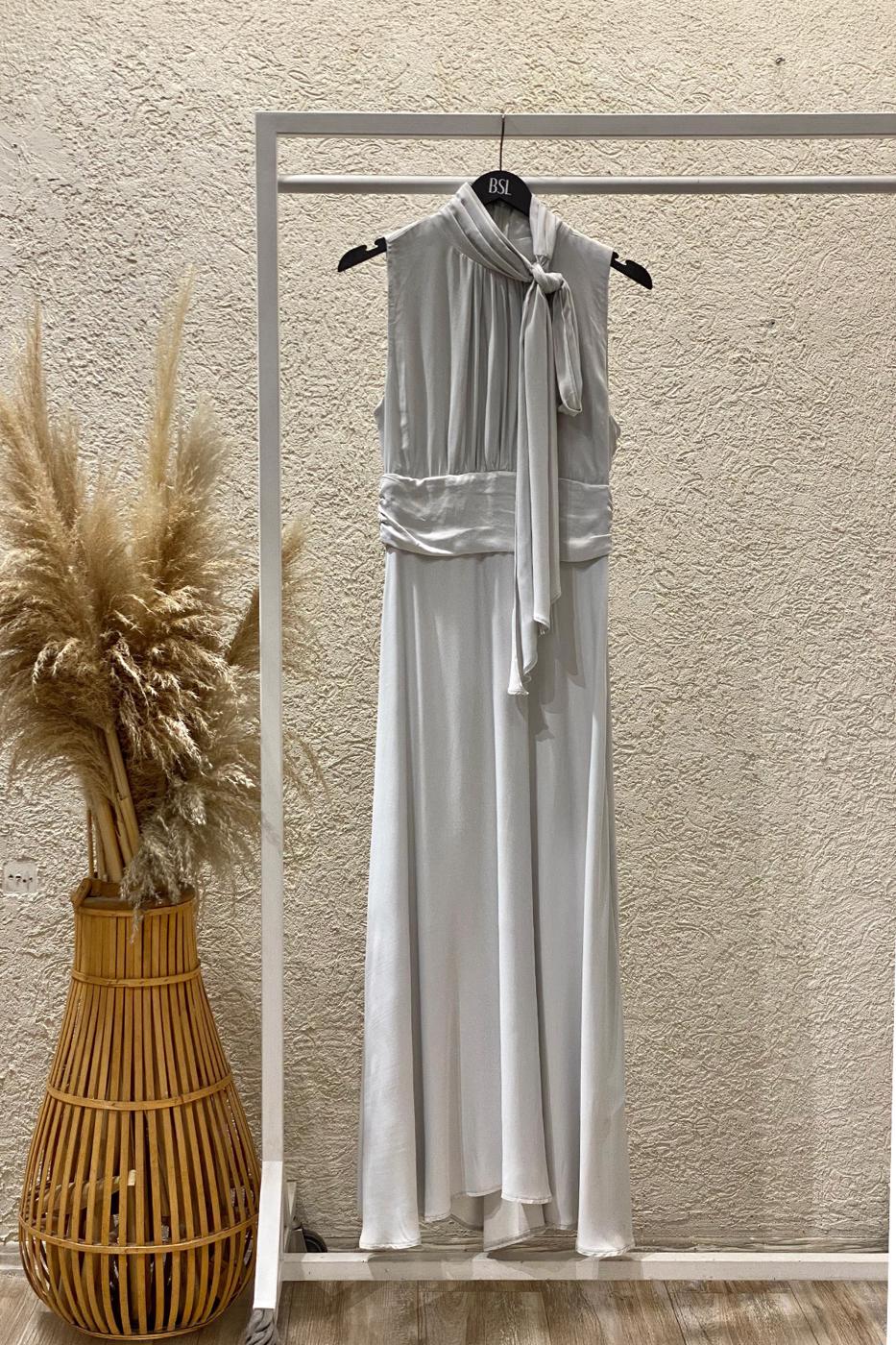 Satin Midi Dress with Stand Collar and Scarf on the Shoulder