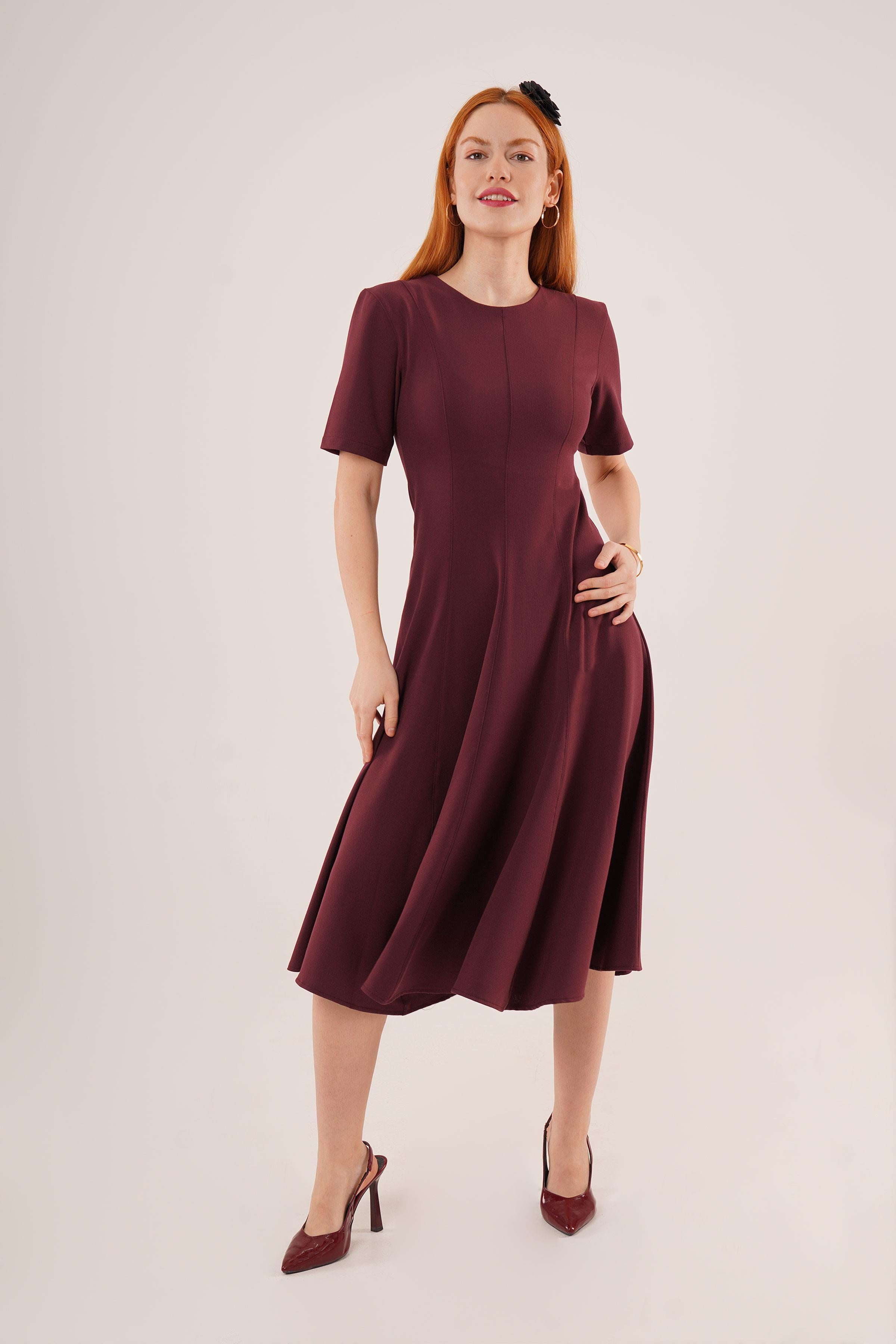 Dikiş Detaylı Kısa Kollu Toptan Bordo Uzun Elbise