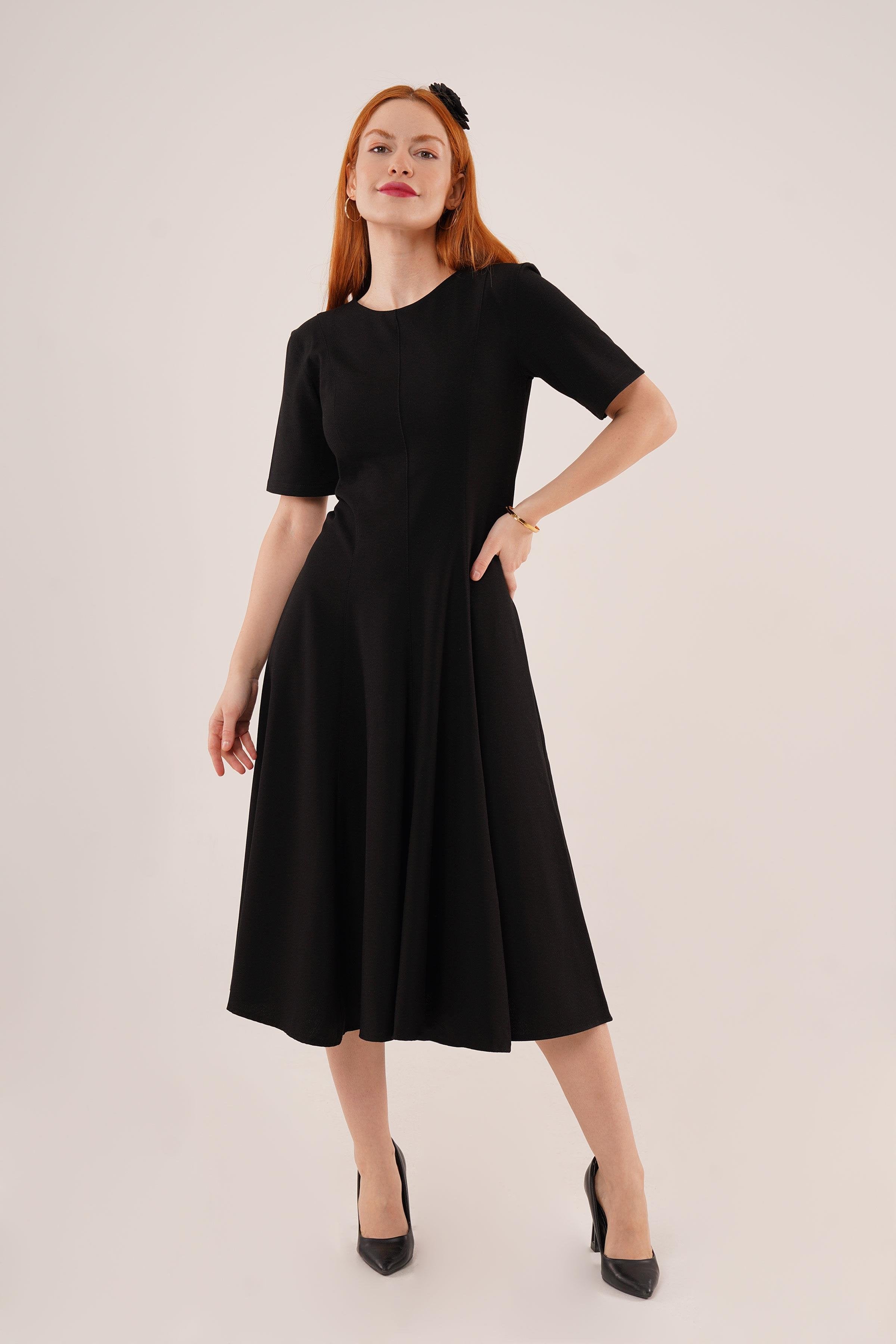 Dikiş Detaylı Kısa Kollu Toptan Siyah Uzun Elbise Siyah S