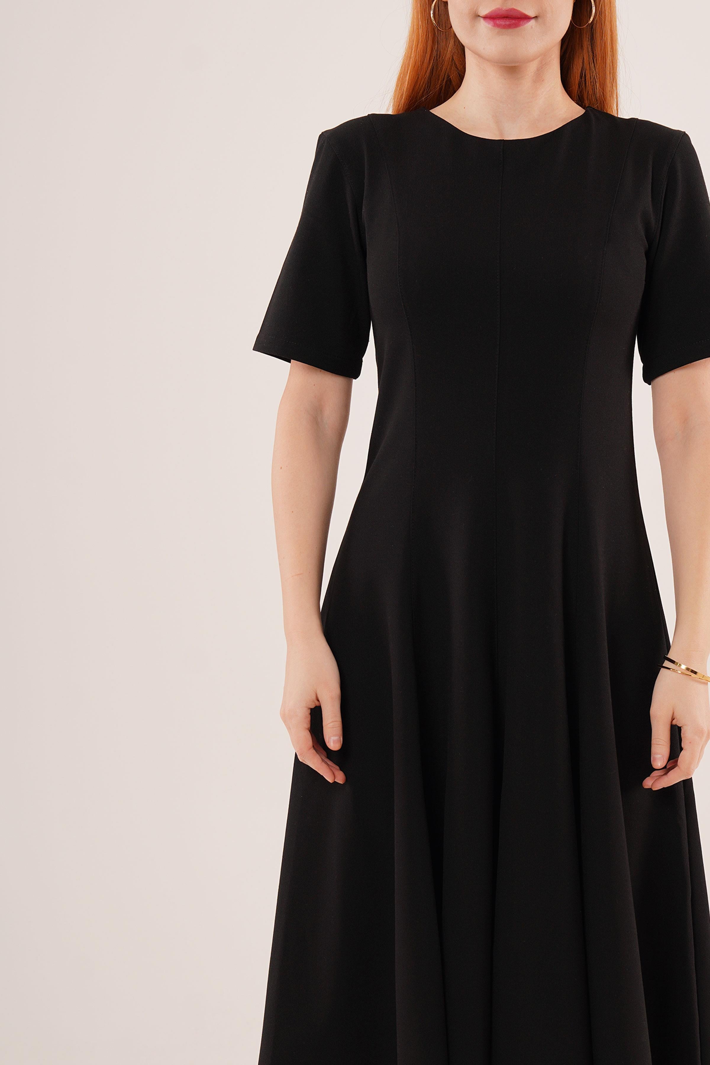 Dikiş Detaylı Kısa Kollu Toptan Siyah Uzun Elbise