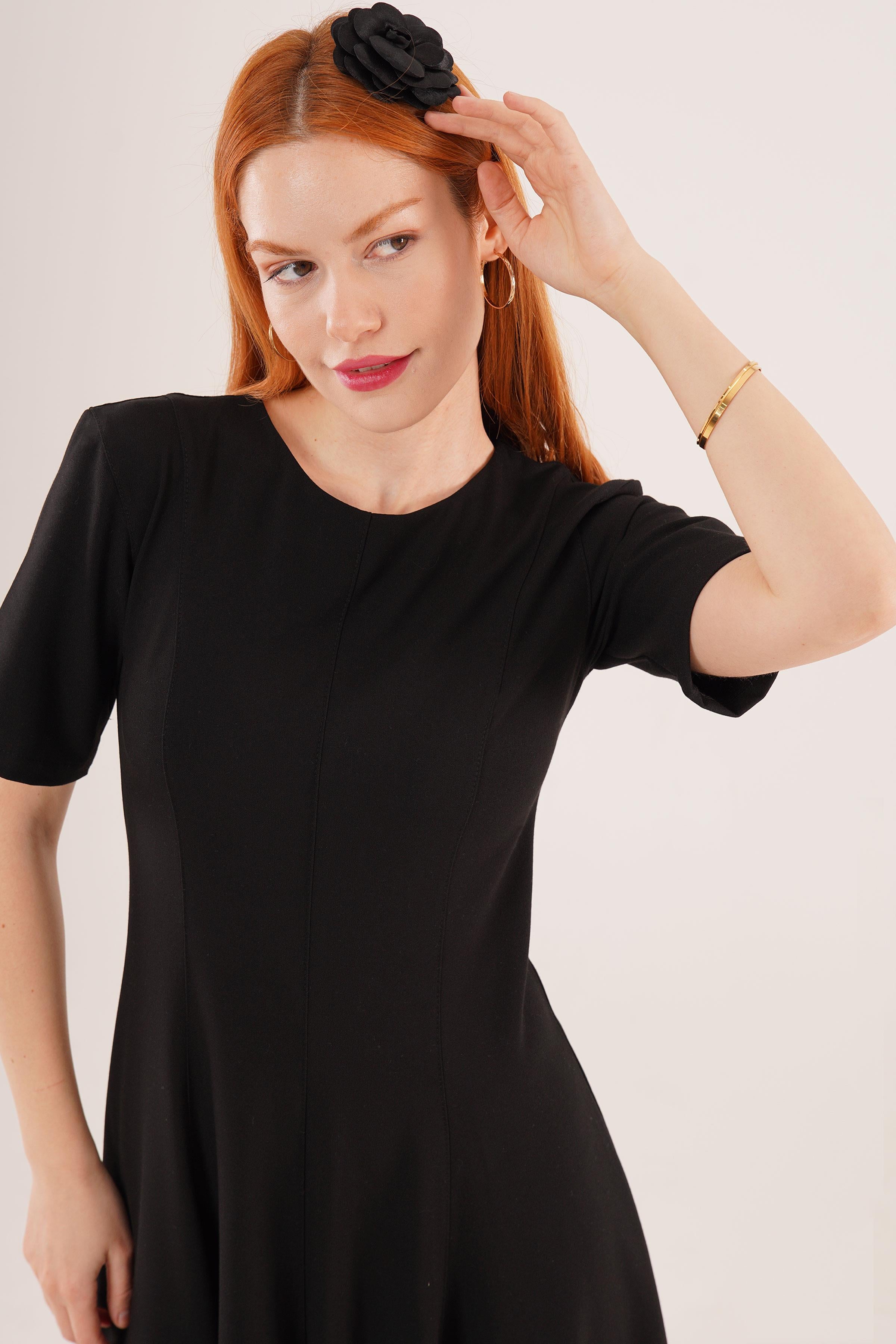 Dikiş Detaylı Kısa Kollu Toptan Siyah Uzun Elbise