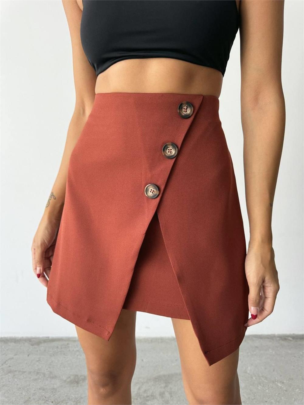 DÜĞME DETAYLI ETEK - CROP CEKET TAKIM - Kiremit