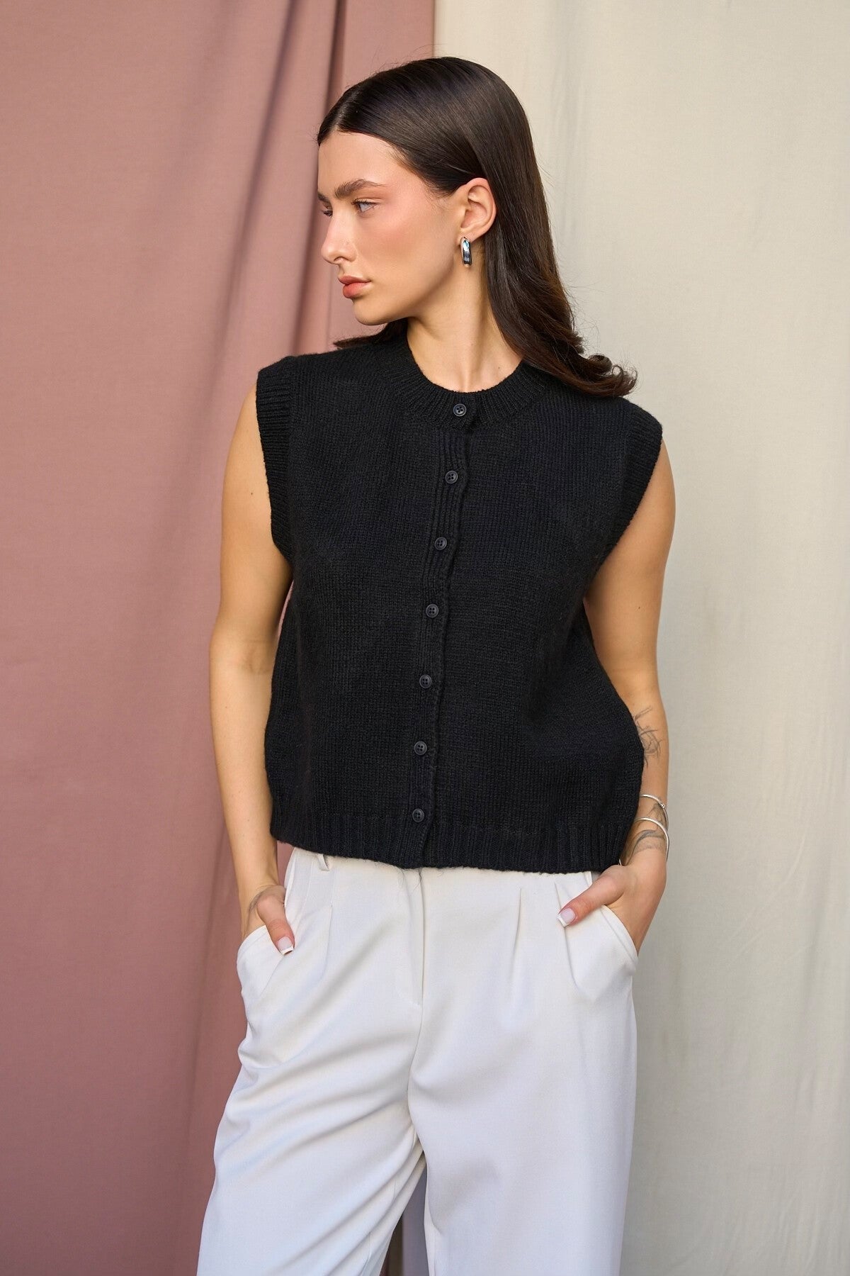 Black Plain Buttoned Vest