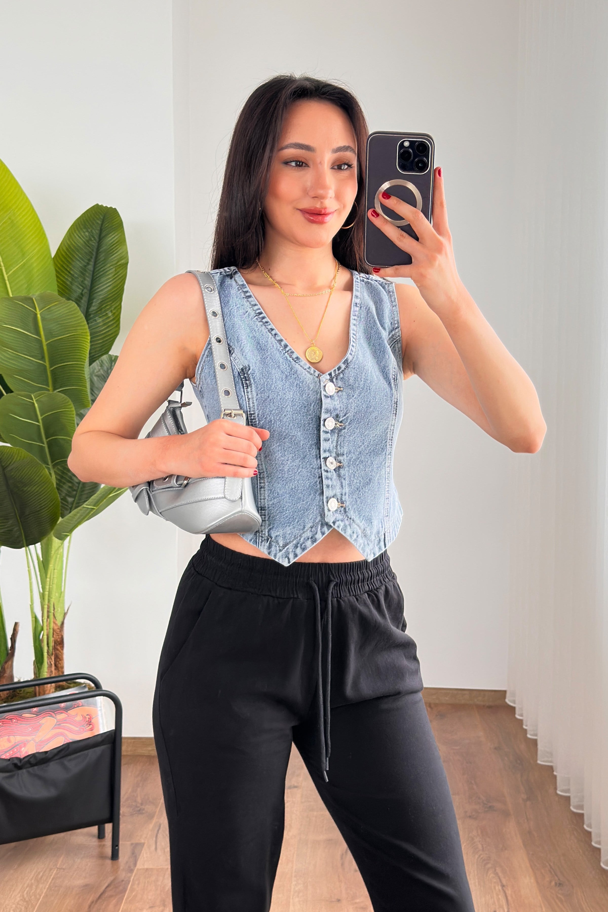 V Yaka Kot Mavii Denim Toptan Yelek
