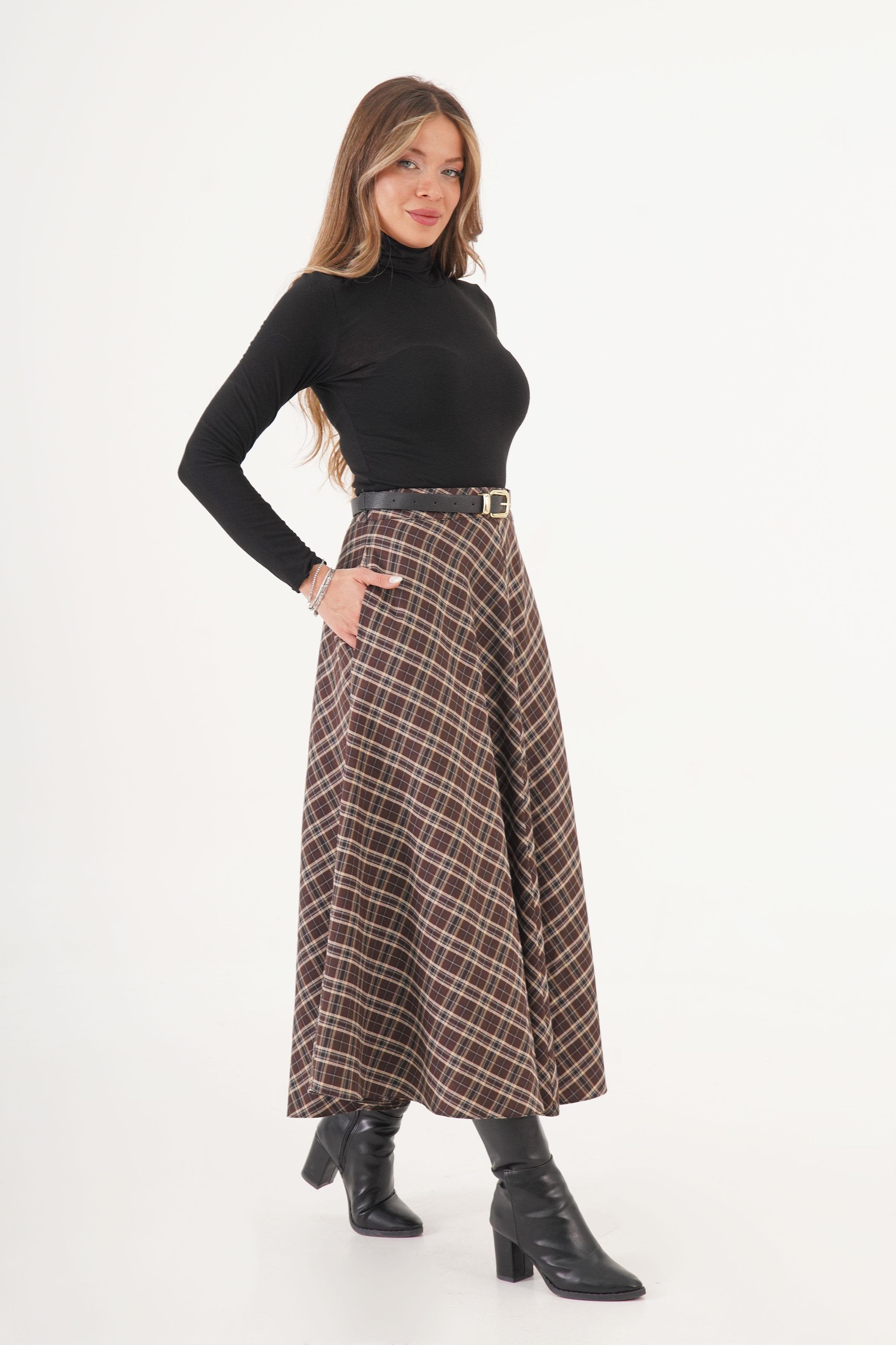 Volan Kesim Kahve Ekose Uzun Toptan Etek