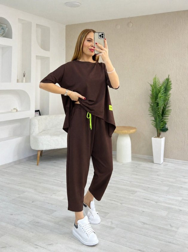 Kadın Kısa Kollu Bisiklet Yaka Viskon Iki Iplik Bluz Ve Pantolon Ikili Takım, 37758
