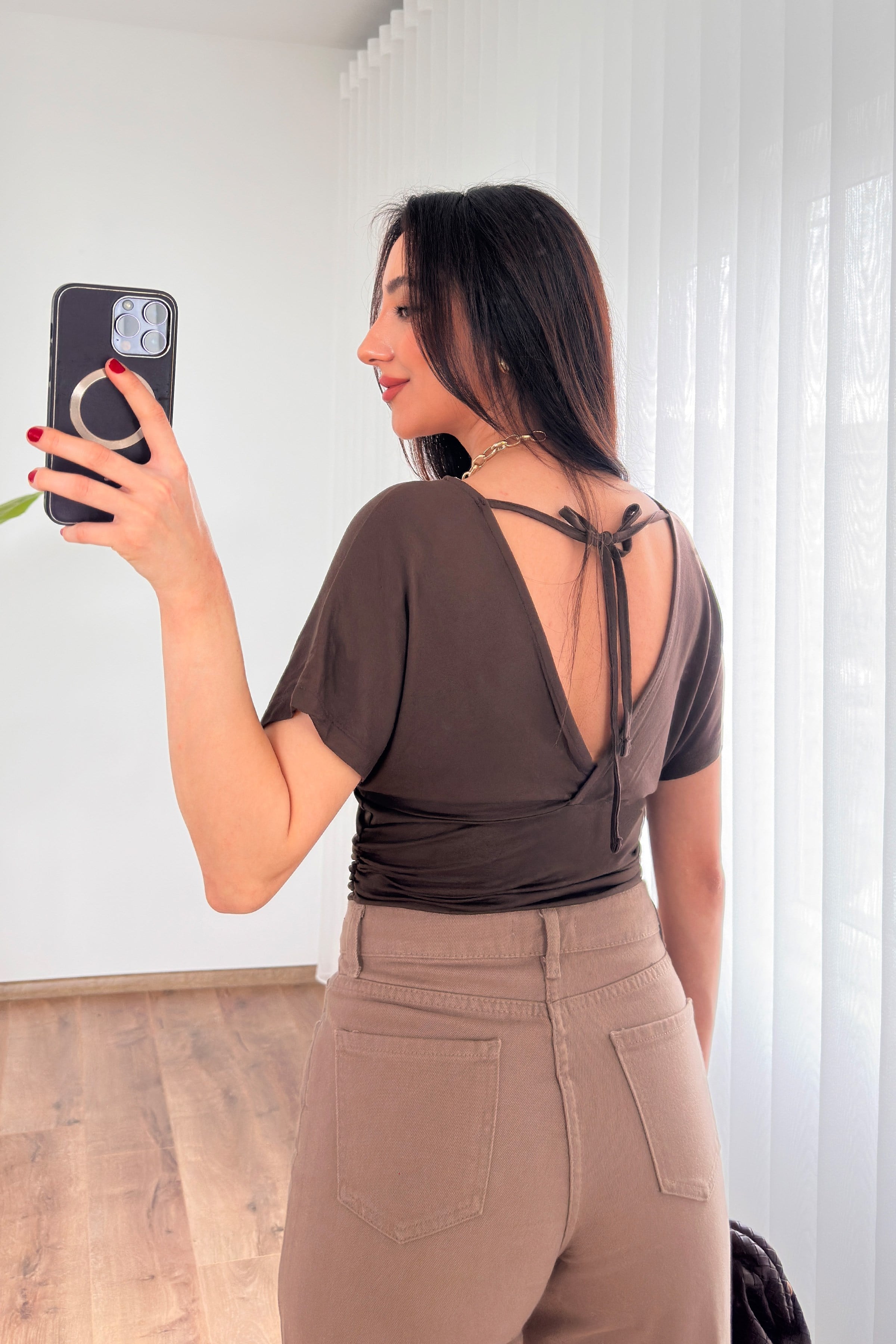 Dantel Detaylı Toptan Kahve Bluz