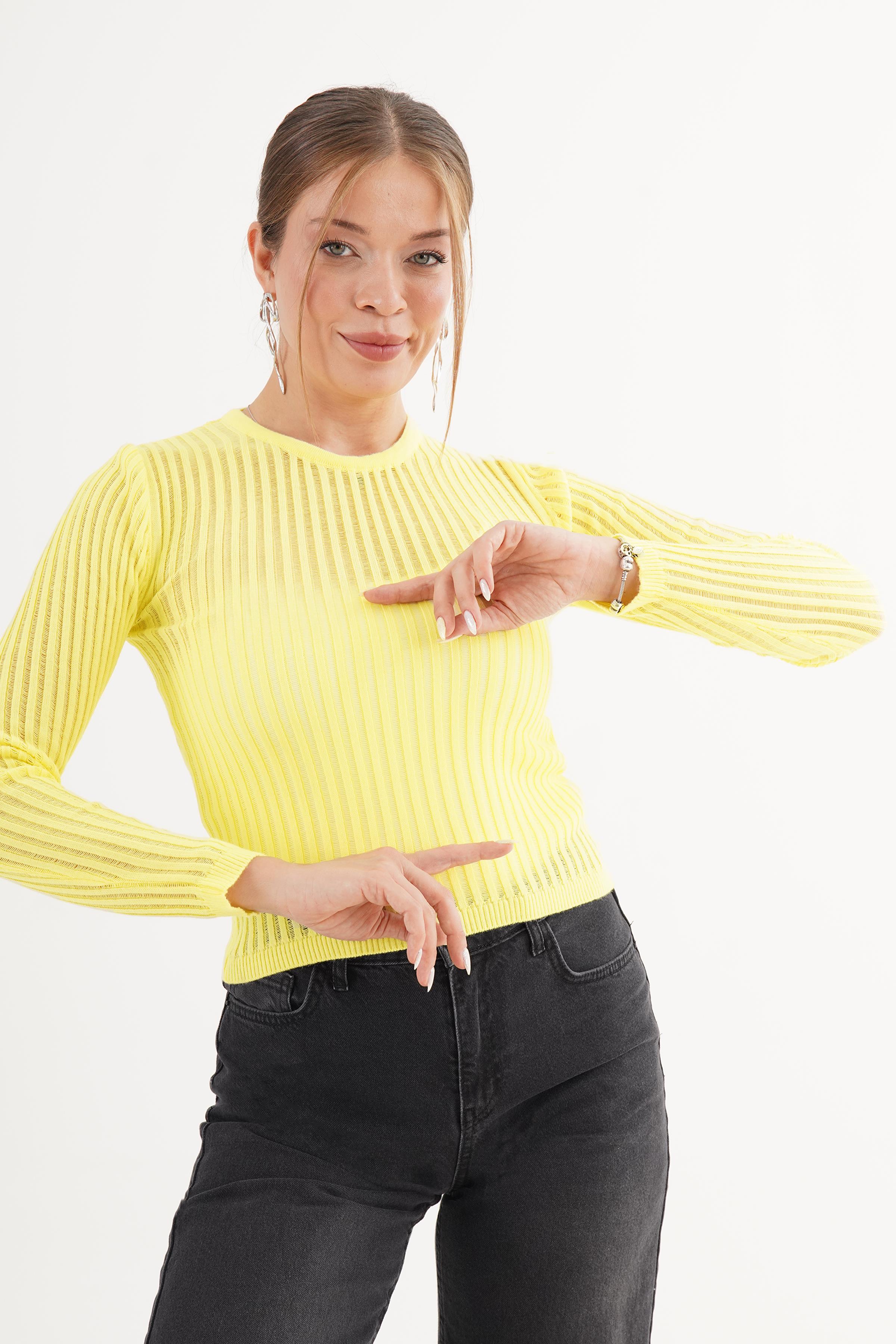 Transparan Bisiklet Yaka Sarı Triko Body
