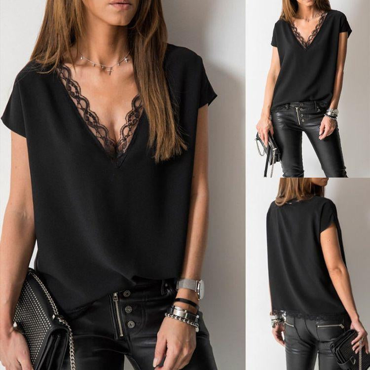 Women's Short Sleeve Lace V-Neck Sandy Blouse, 6330