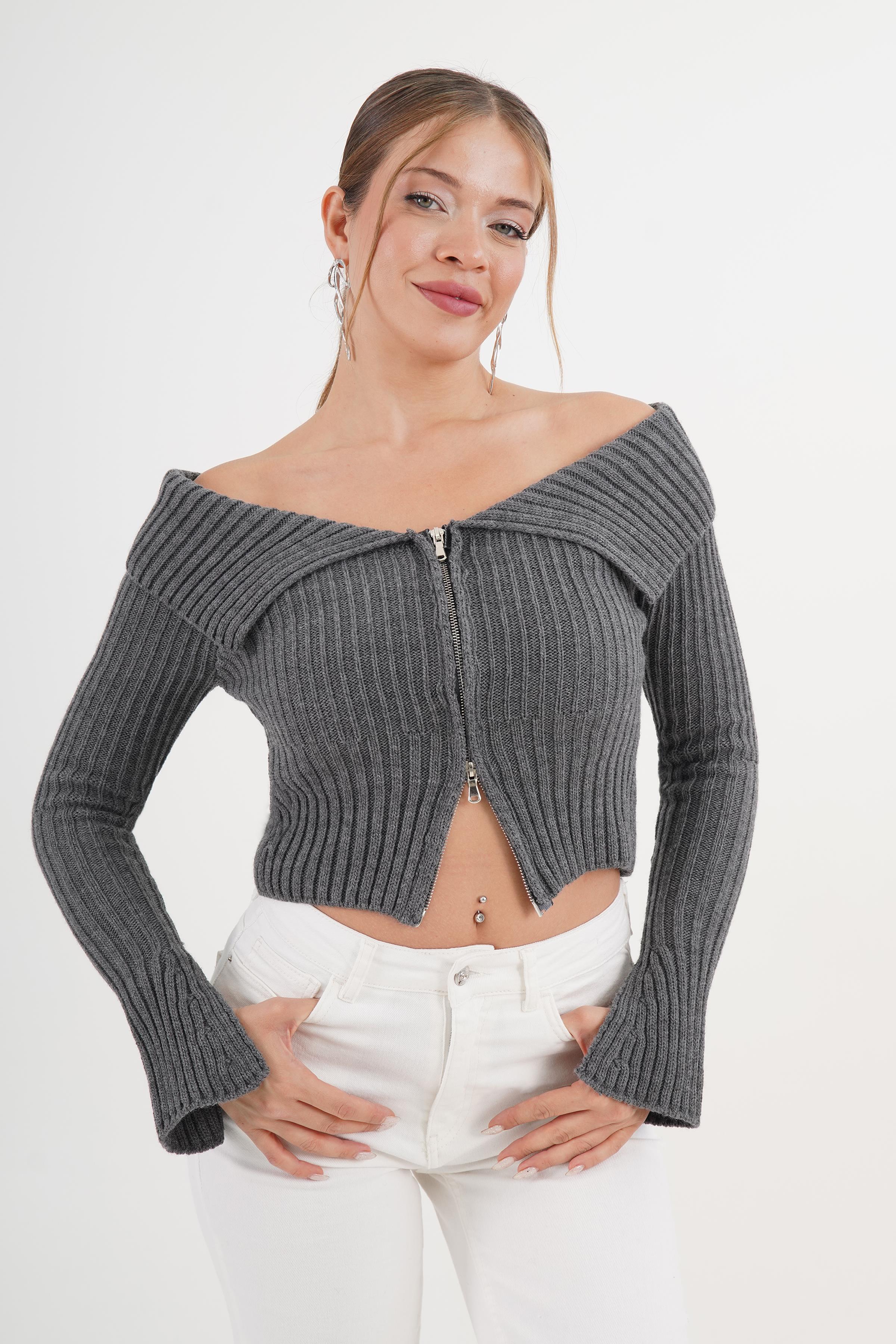 Madonna Yaka Full Fermuarlı Toptan Antrasit Triko Bluz Antrasit STD