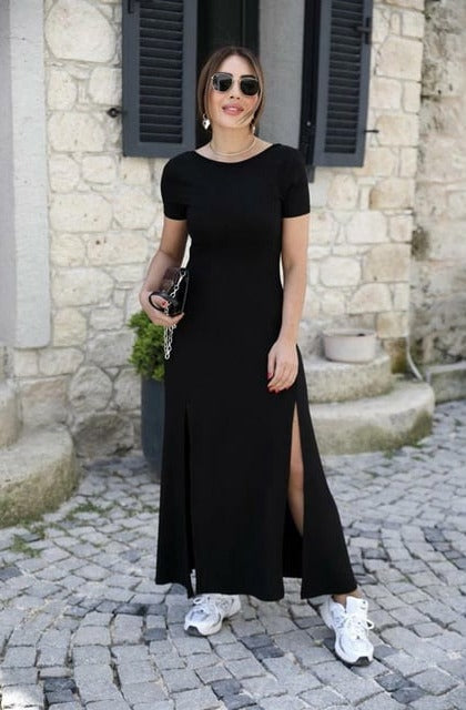 Women's Short-Sleeved Backless Slit Detail Viscose Dress, 31218