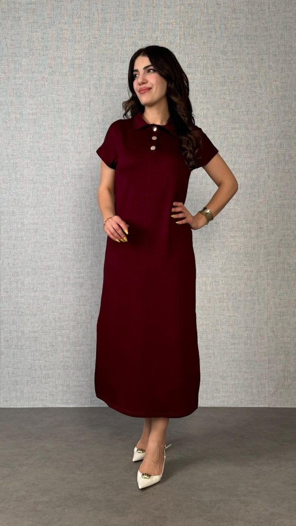 Women's Short Sleeve Collared Side Slit Viscose Double Knit Dress, 26291