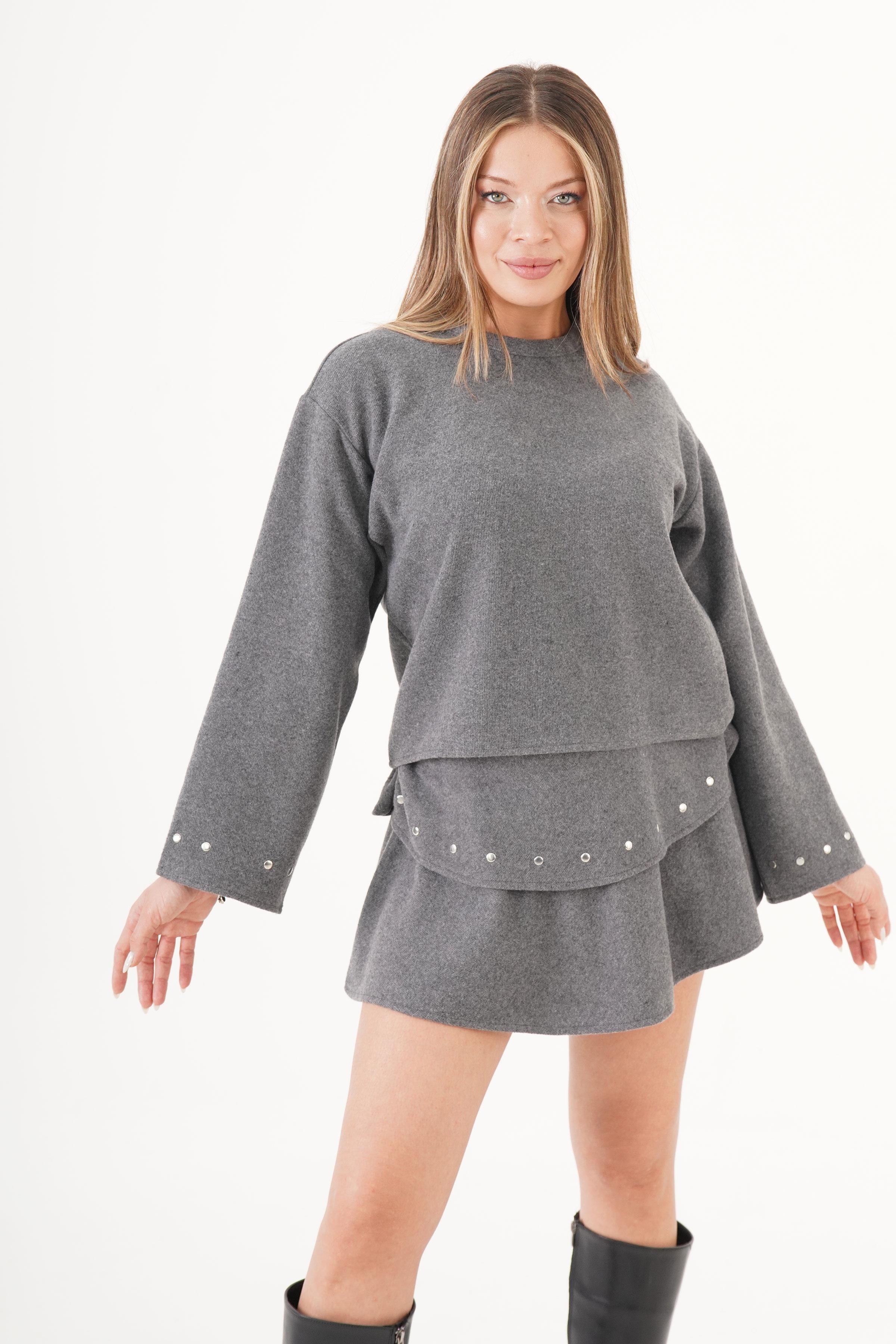 Selanik Kolu Taşlı Toptan Antrasit Bluz