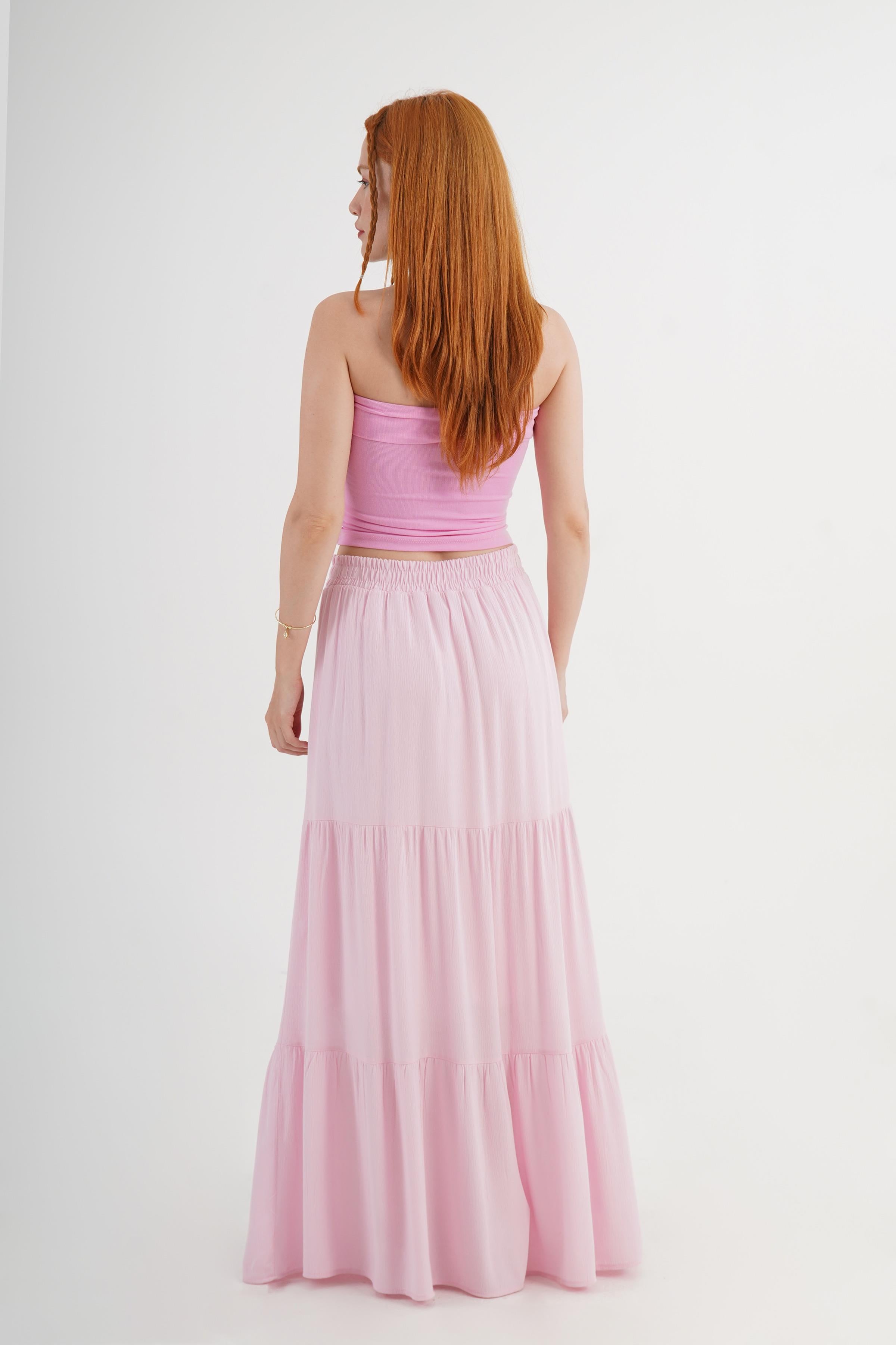 Fırfırlı Uzun Toptan Pembe Etek