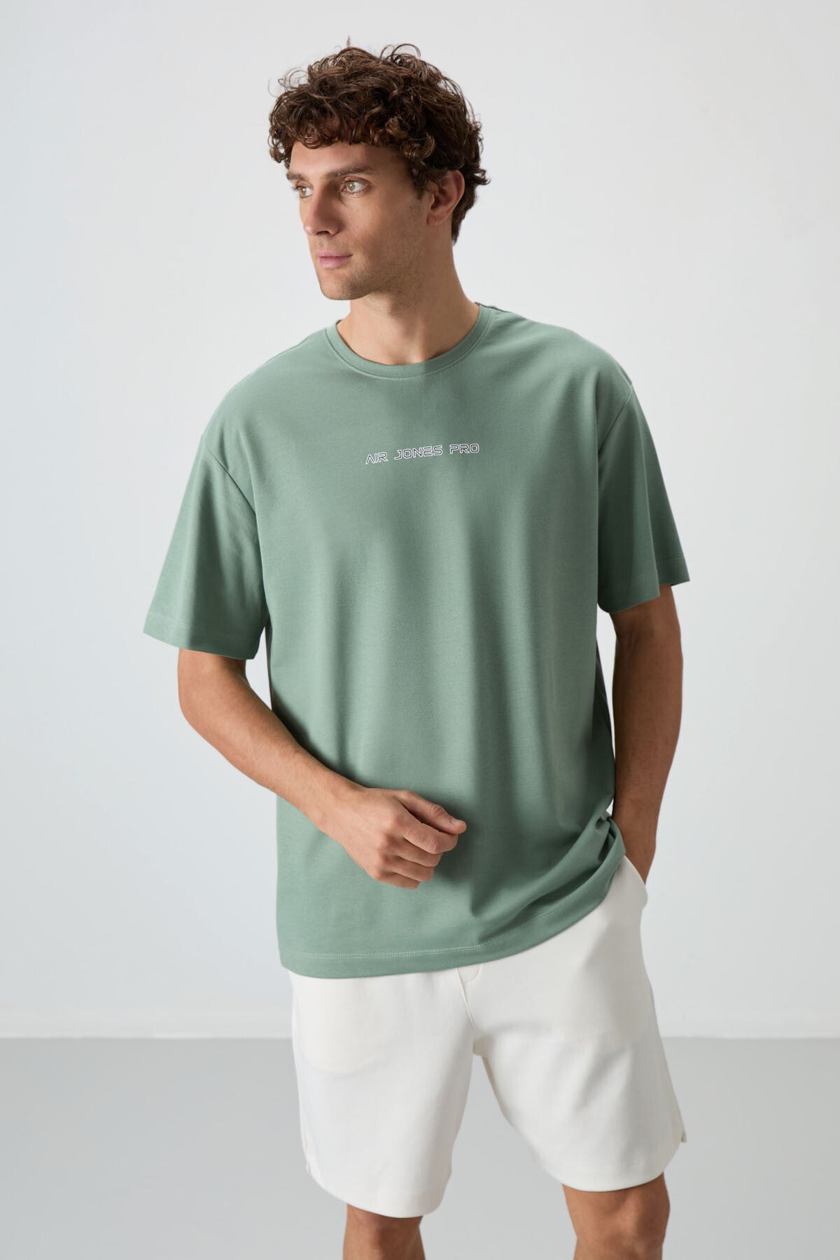 Açık Yeşil Pamuklu Kalın Yüzeyi Dokulu Oversize Fit  Baskılı Erkek T-Shirt - 88364