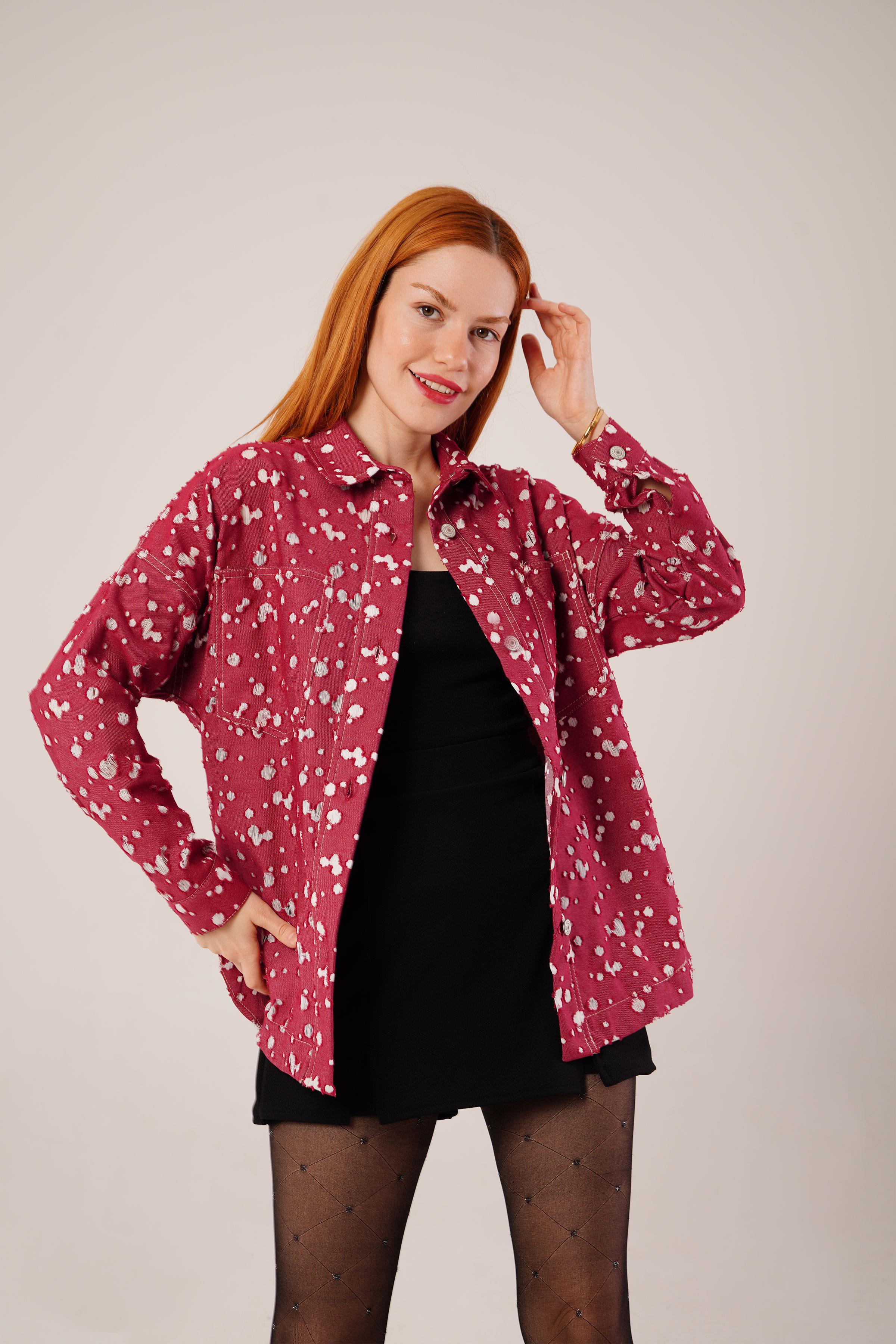 Eskitme Görünümlü Denim Toptan Bordo Gömlek Bordo S