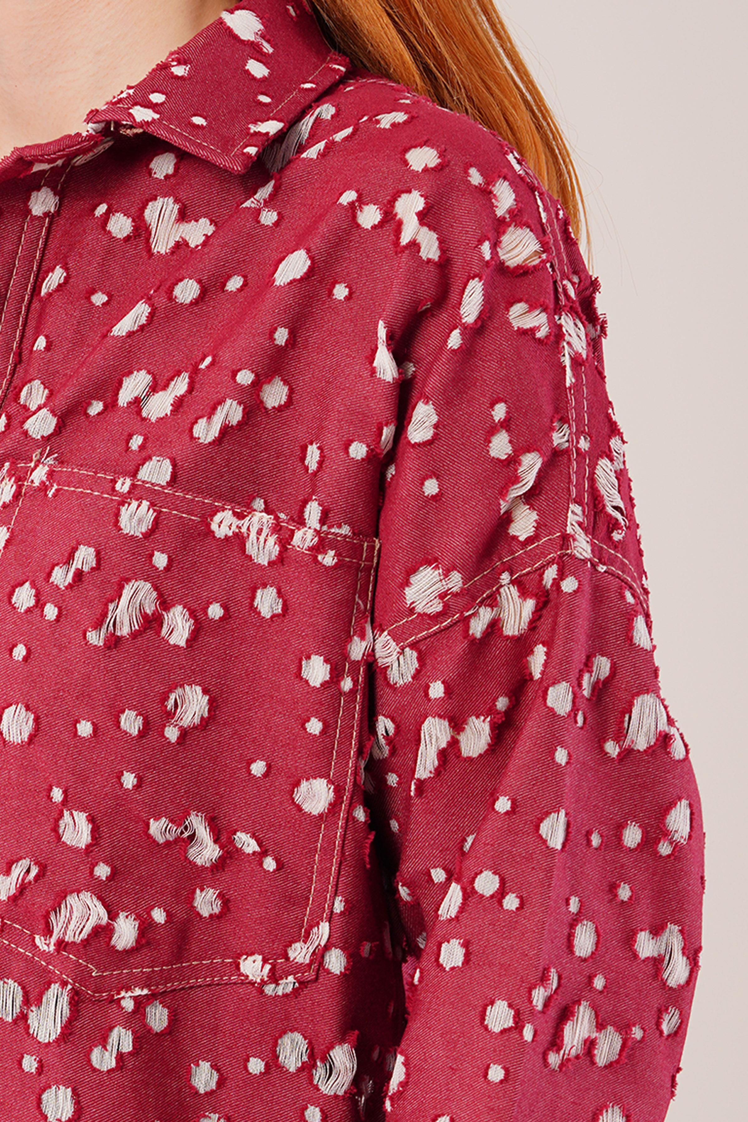 Eskitme Görünümlü Denim Toptan Bordo Gömlek