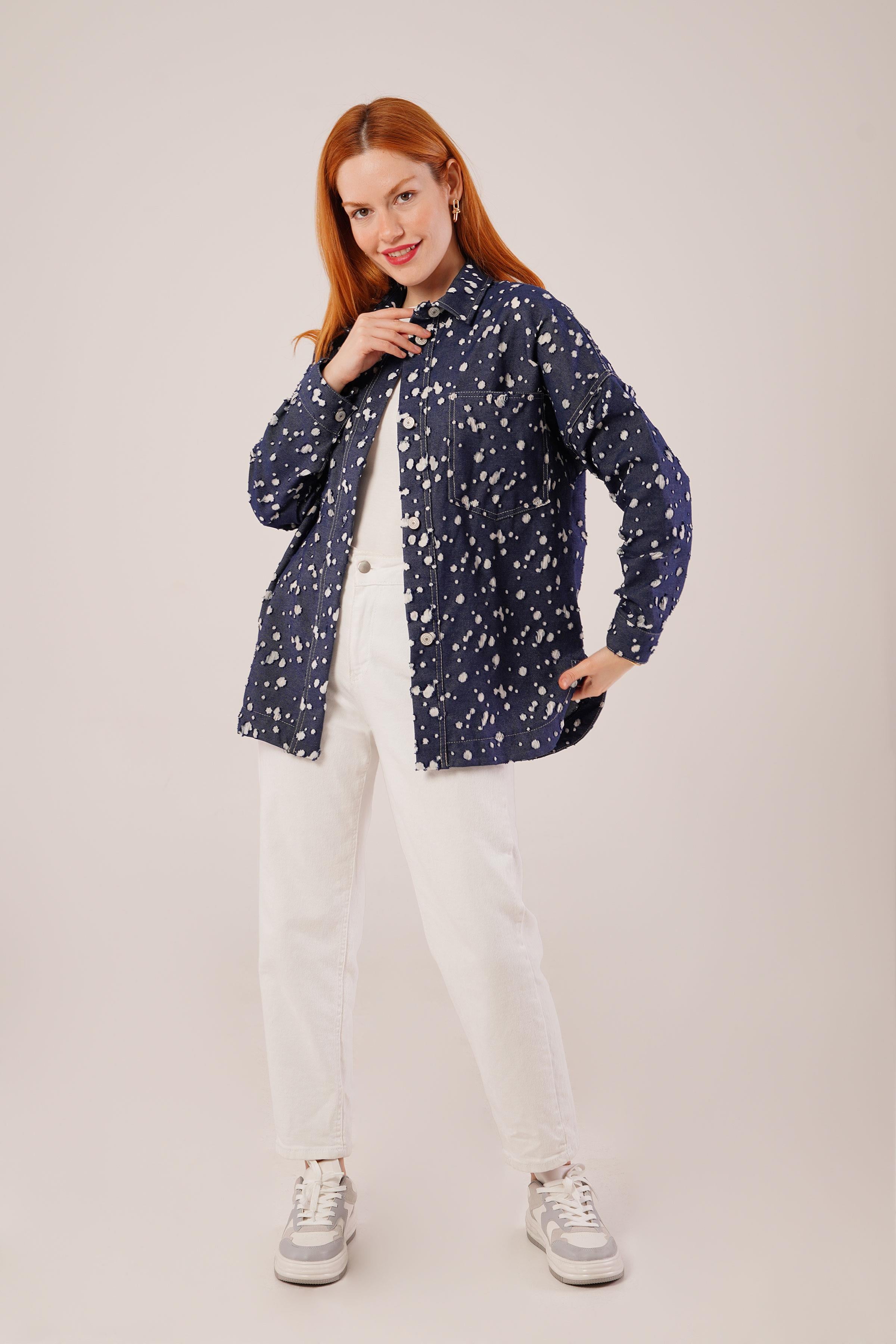 Eskitme Görünümlü Denim Toptan Mavi Gömlek