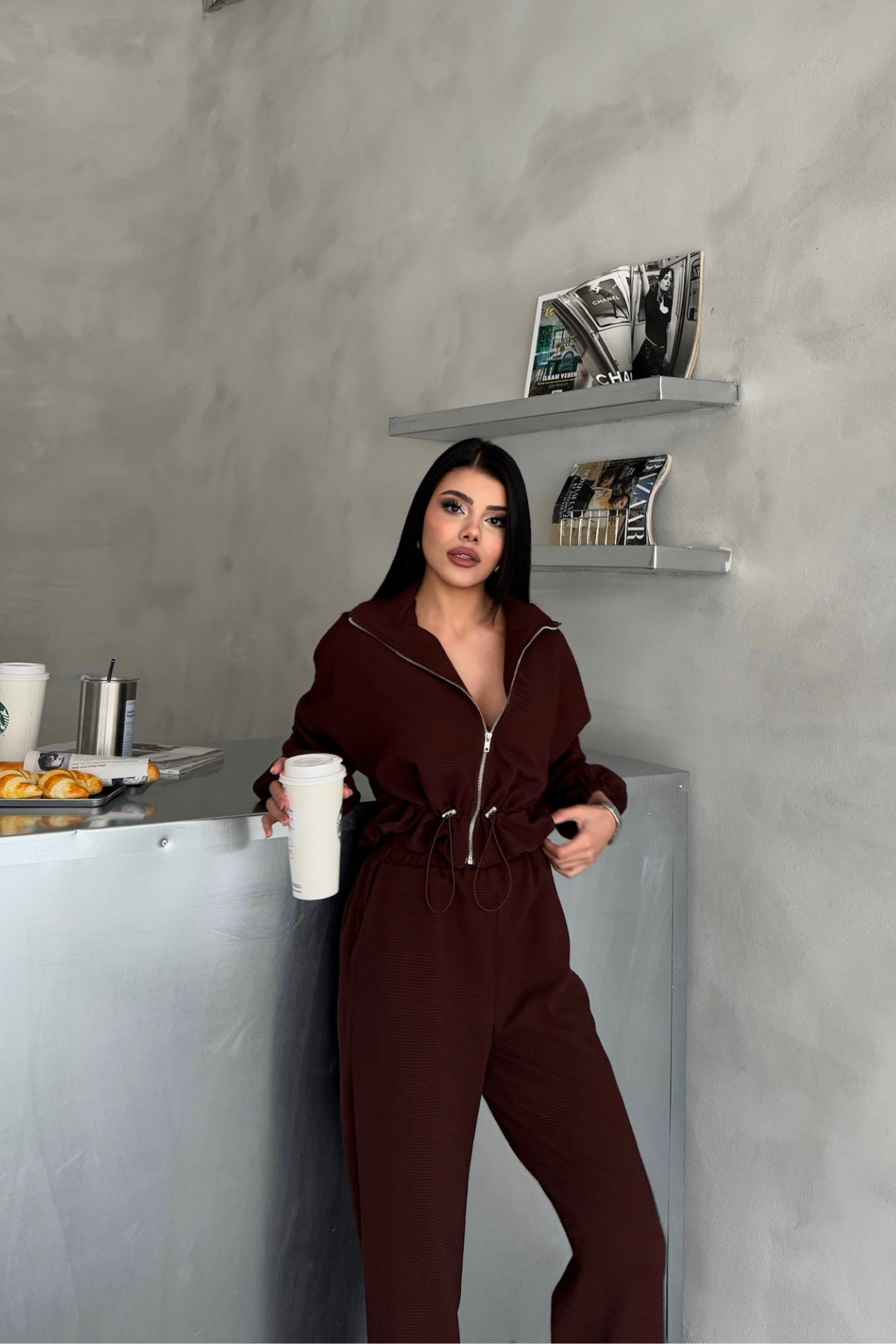 EŞOFMAN TAKIM GİFT KUMAŞ - Kahverengi