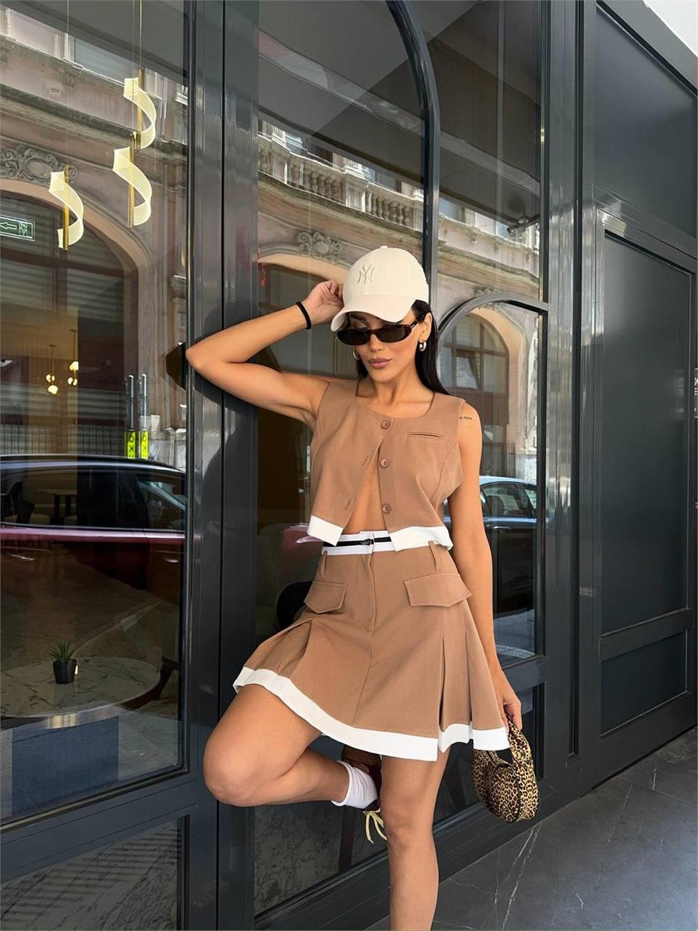 ETEKUCU ŞERİTLİ YELEK - TENİS ETEK TAKIM - Bej