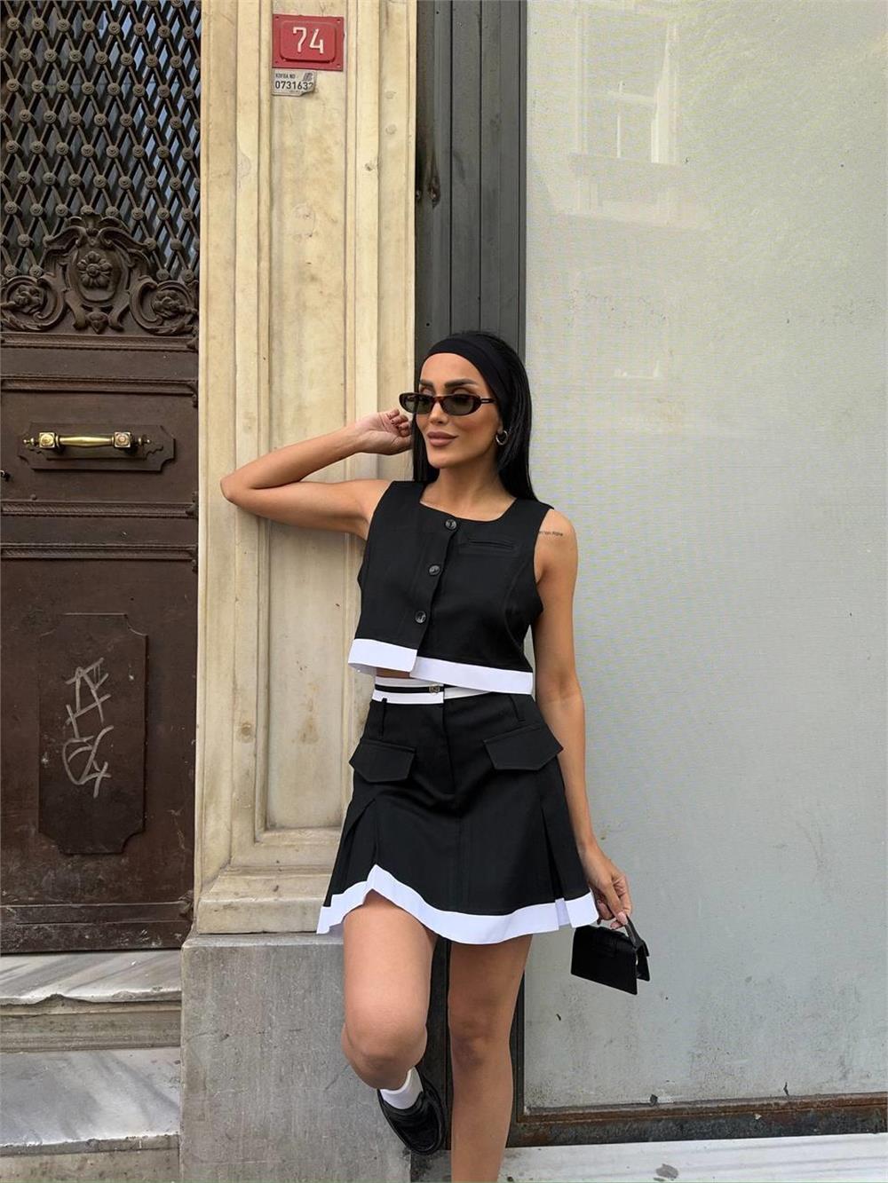 ETEKUCU ŞERİTLİ YELEK - TENİS ETEK TAKIM - Siyah