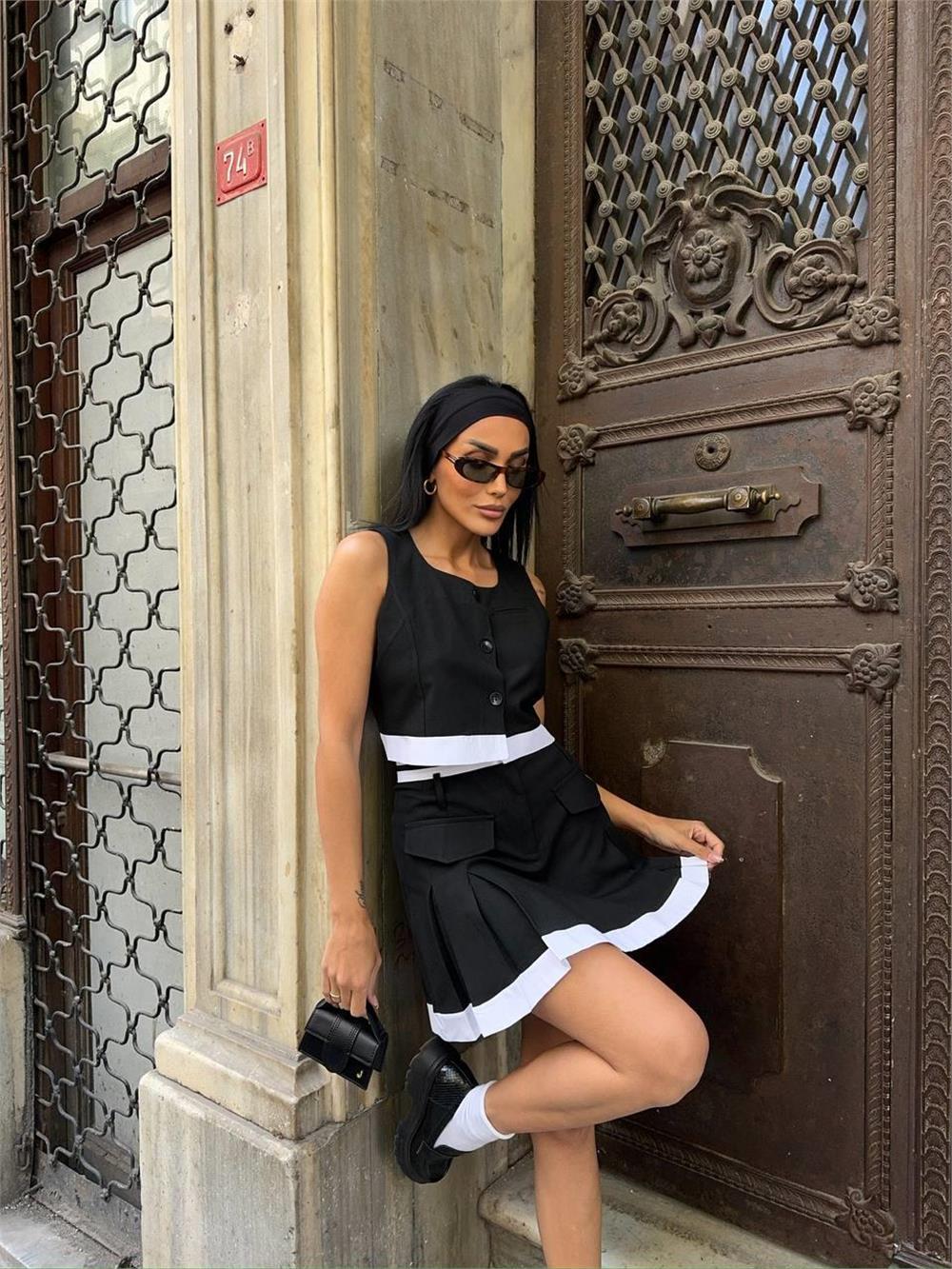 ETEKUCU ŞERİTLİ YELEK - TENİS ETEK TAKIM - Siyah