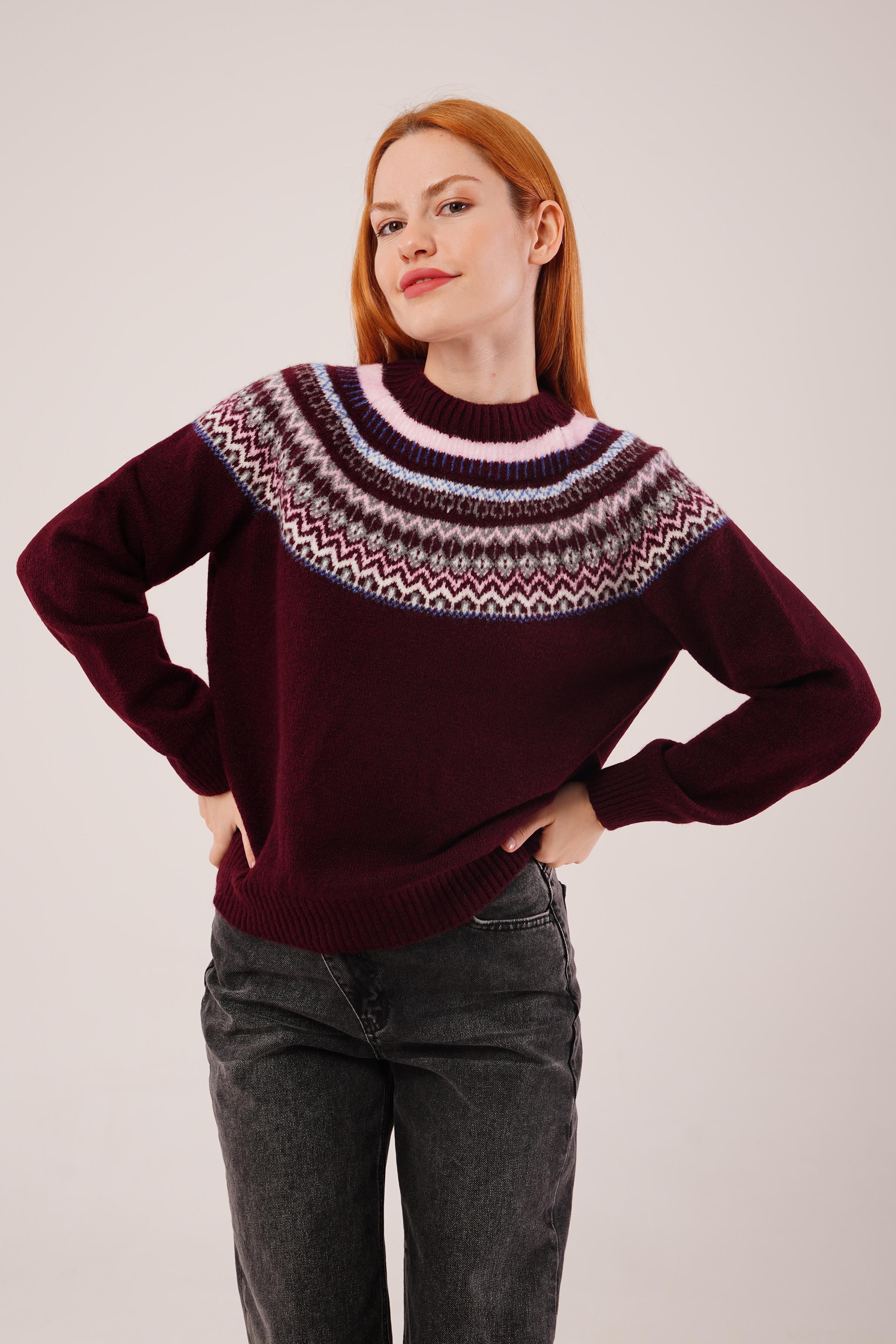 Etnik Desen Bisiklet Yaka Bordo Toptan Triko Kazak Bordo STD