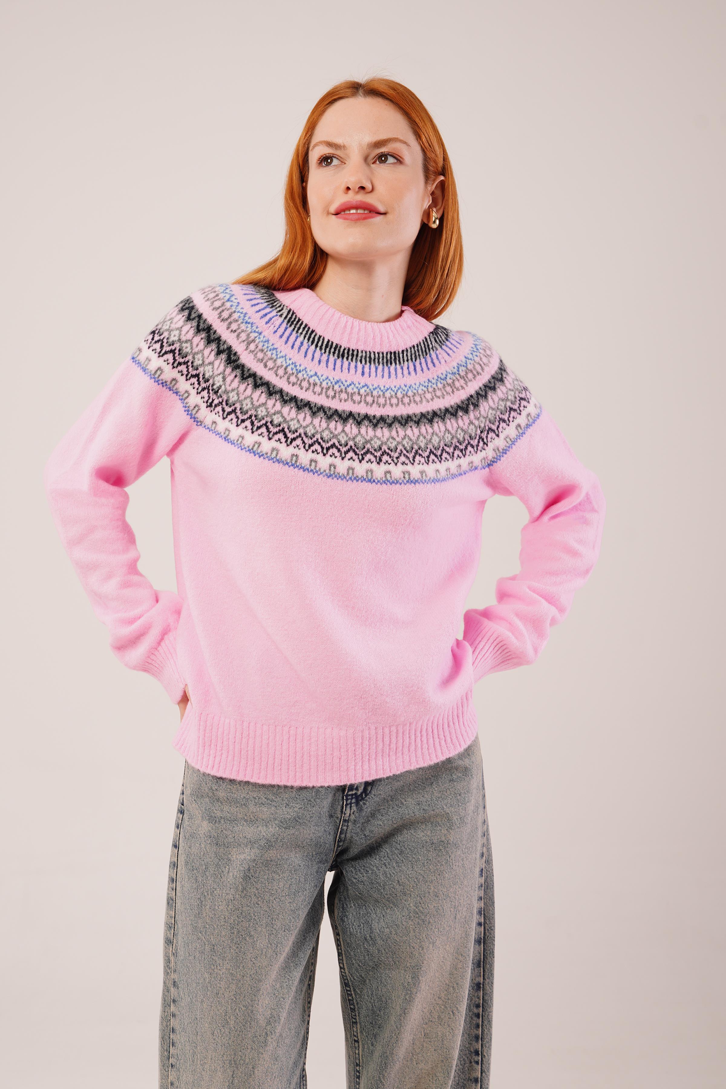 Etnik Desen Bisiklet Yaka Pembe Toptan Triko Kazak Pembe STD