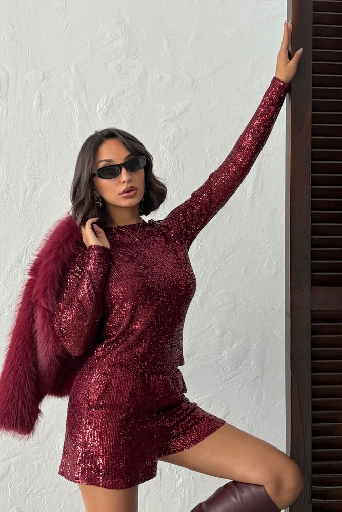 Topshow Işıltılı Pul İşlemeli Uzun Kollu Toptan Kadın Bluz