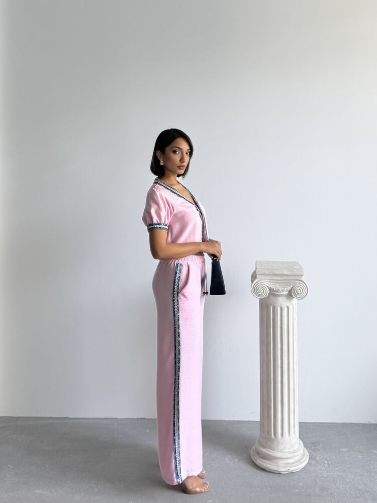 Kot Şeritli Toptan Pantolon   Pembe