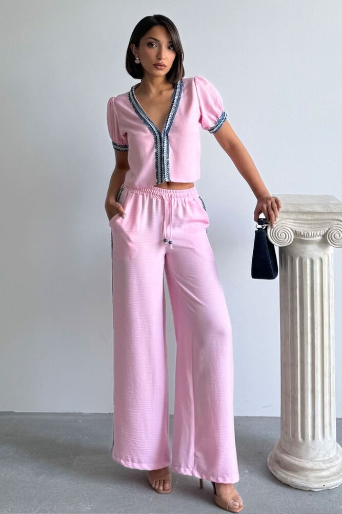 Kot Şeritli Toptan Pantolon   Pembe
